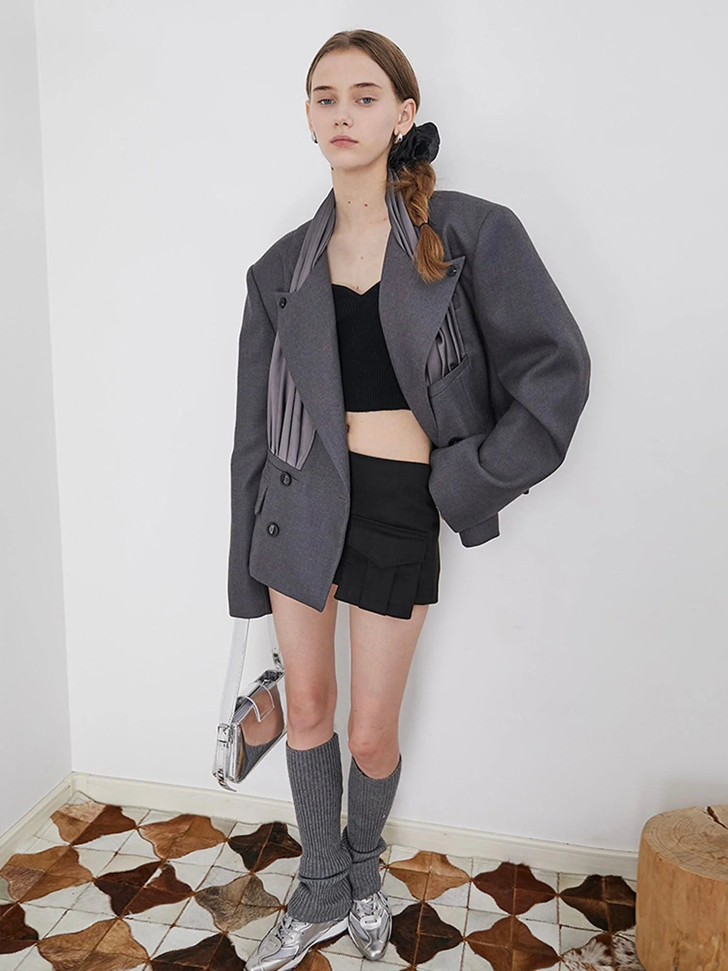 ASSEEN Pleated Panel Double-Breasted Blazer