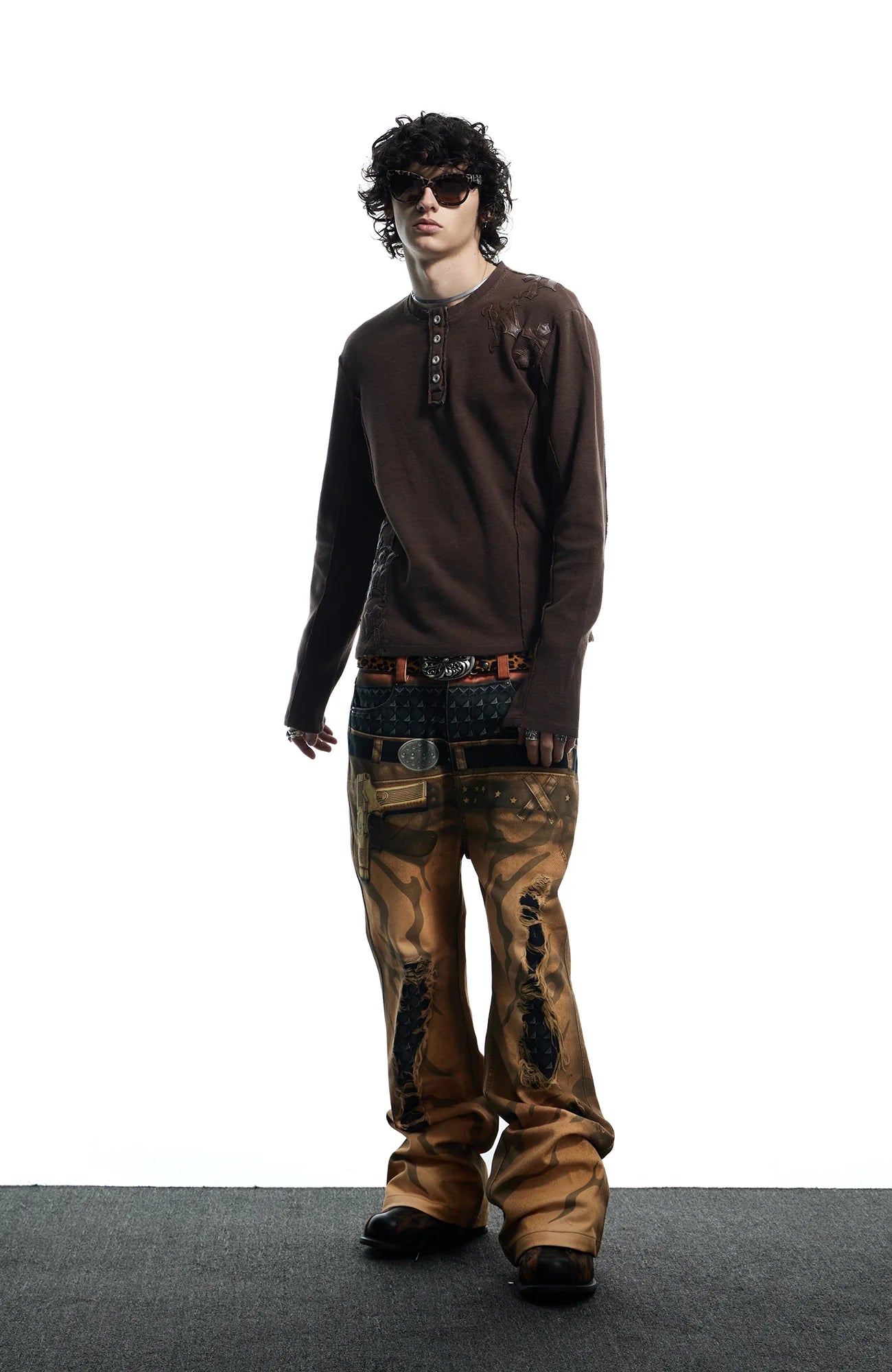 DND4DES Distressed Print Double-Waist Flare Jeans Khaki