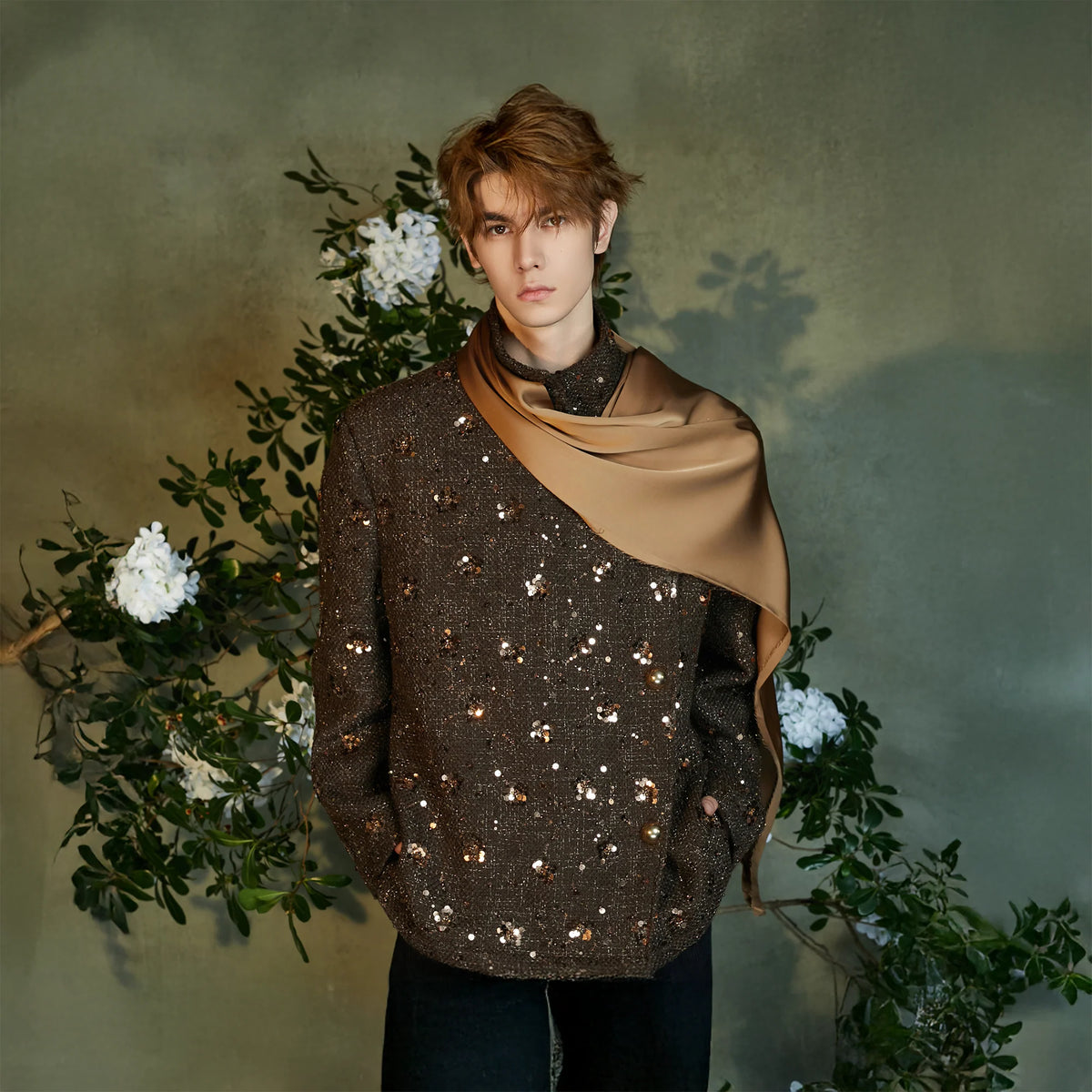 JIECHI Sequin Embroidered Satin Shawl Blazer