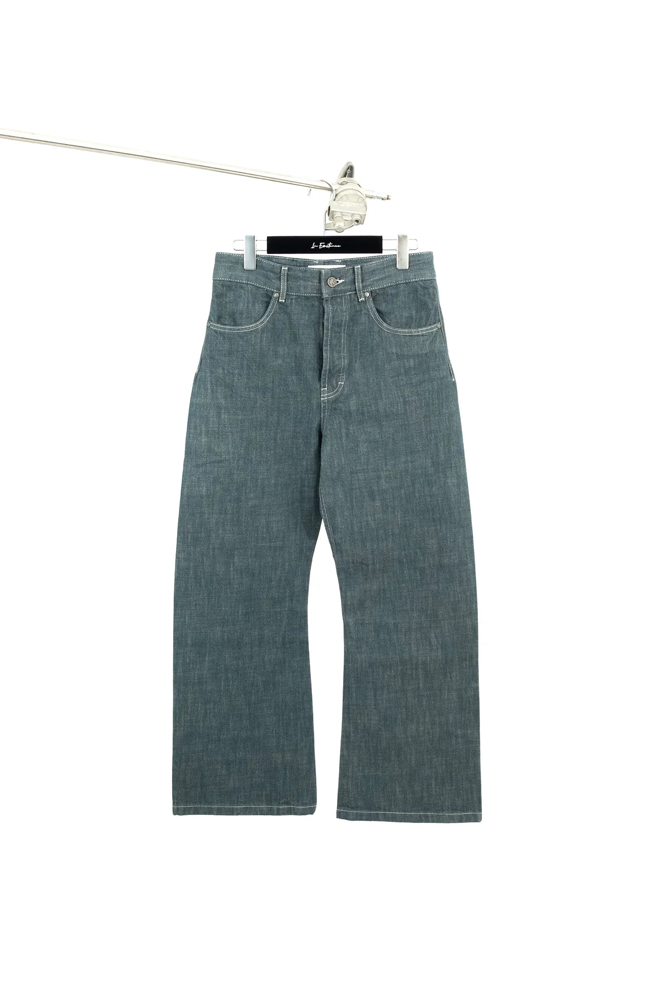 IN EXISTENCE Stitched Back-Belt Curved-Leg Jeans