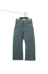 IN EXISTENCE Stitched Back-Belt Curved-Leg Jeans