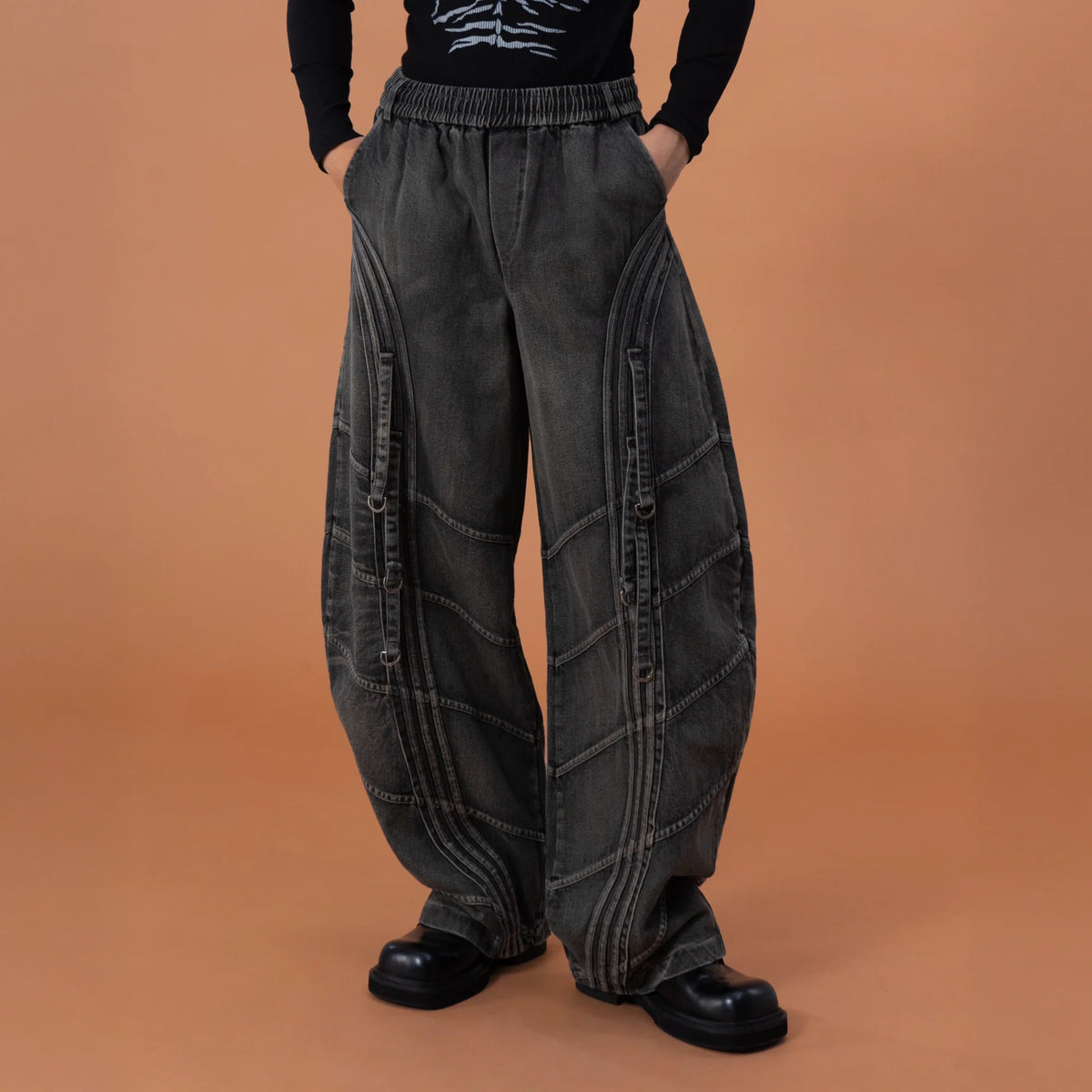 CLP Washed Arc Panel Strap Wide-Leg Jeans