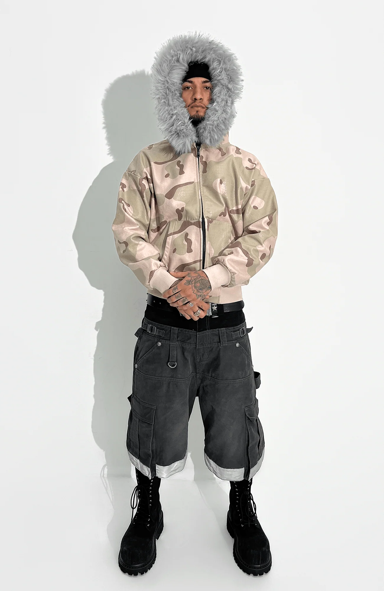 TECNINEGROUP Camo Waxed Faux Fur Hooded Jacket