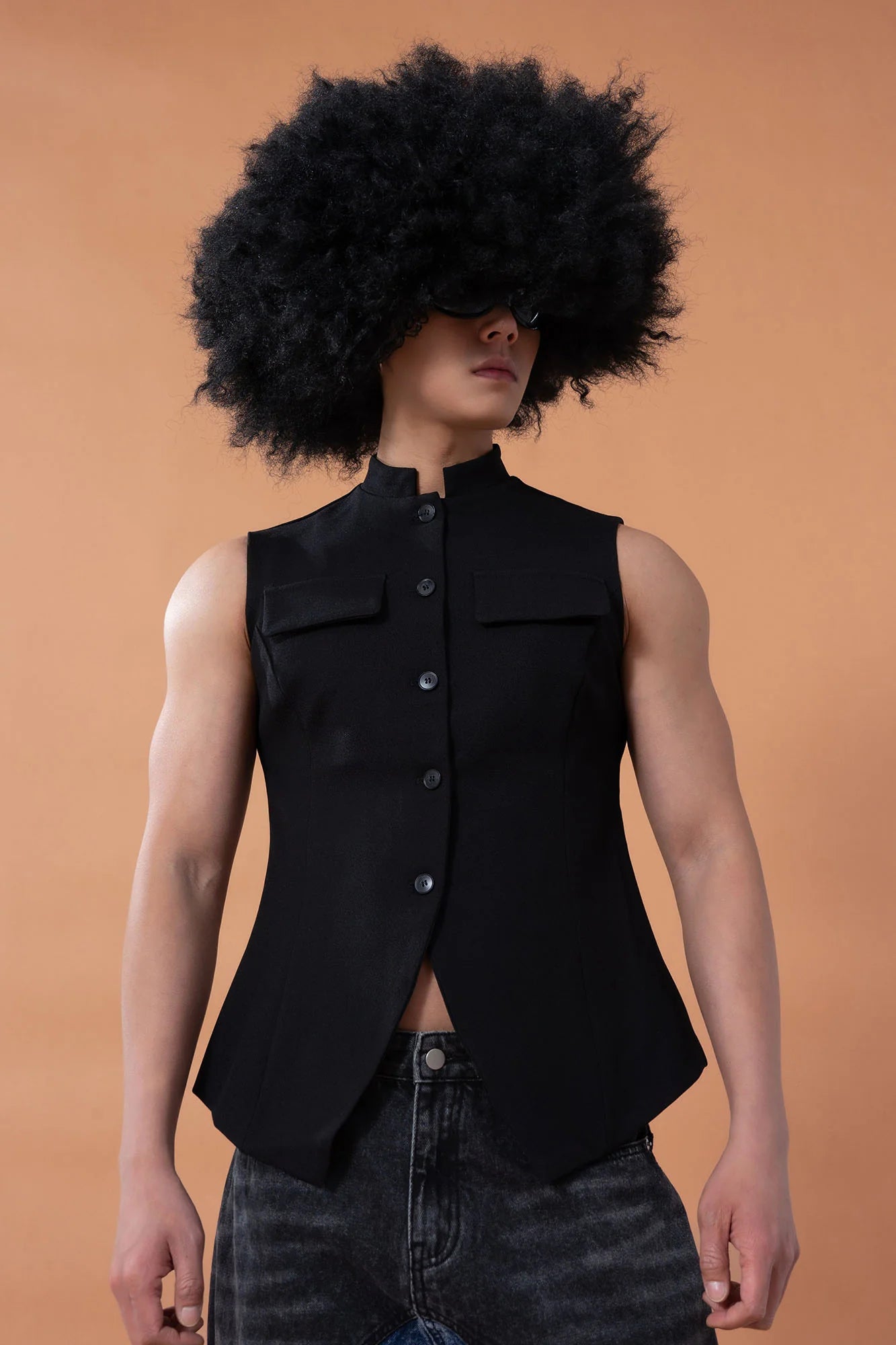 CLP Mandarin-Collar Curved-Placket Button Vest