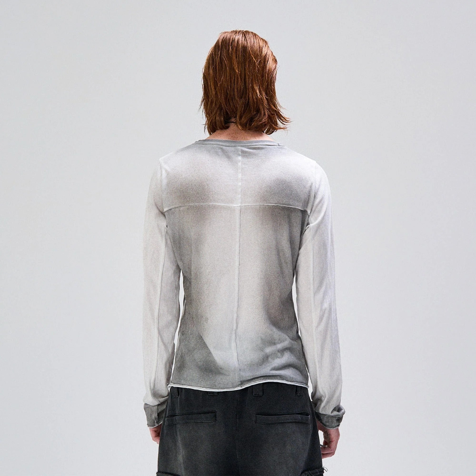 FLYERRER Washed Gradient Cross-Panel Raw-Edge Long-Sleeve Tee