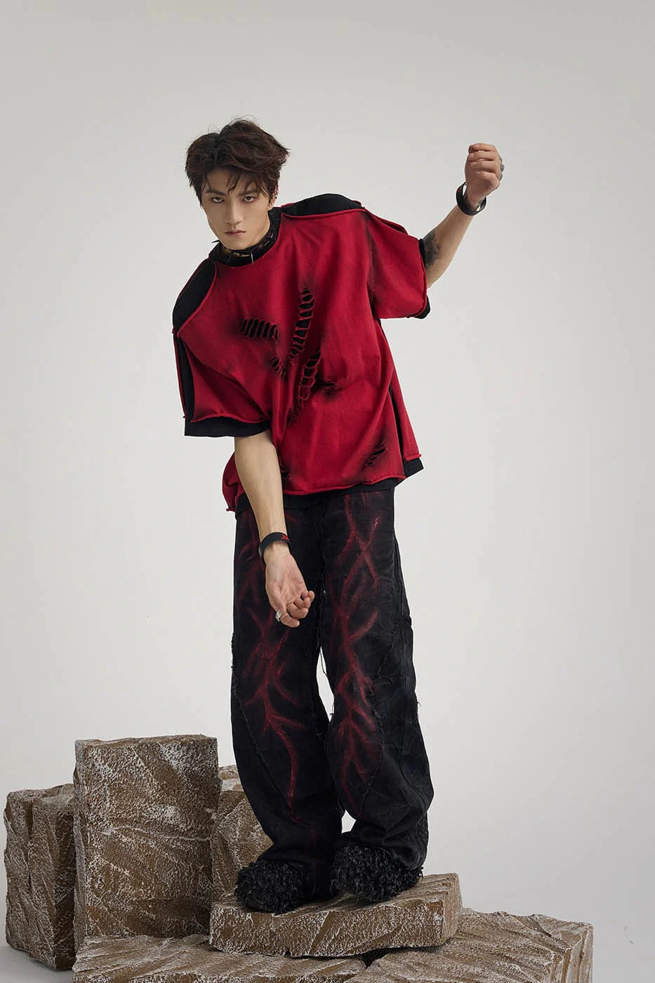 FLYERRER Double-Layered Ripped T-Shirt Red