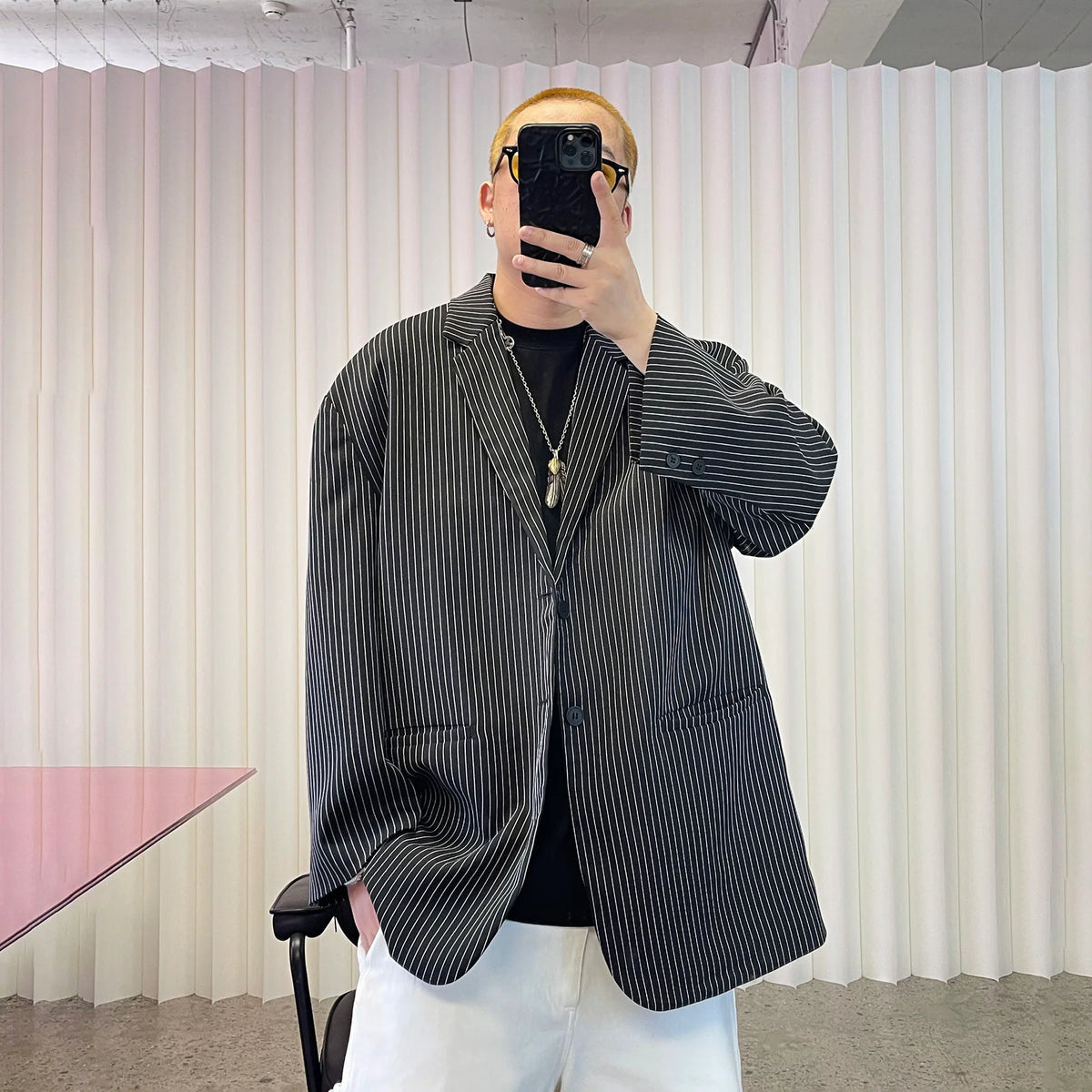ME DA IGUAL Stripe Notched Lapel Oversized Blazer
