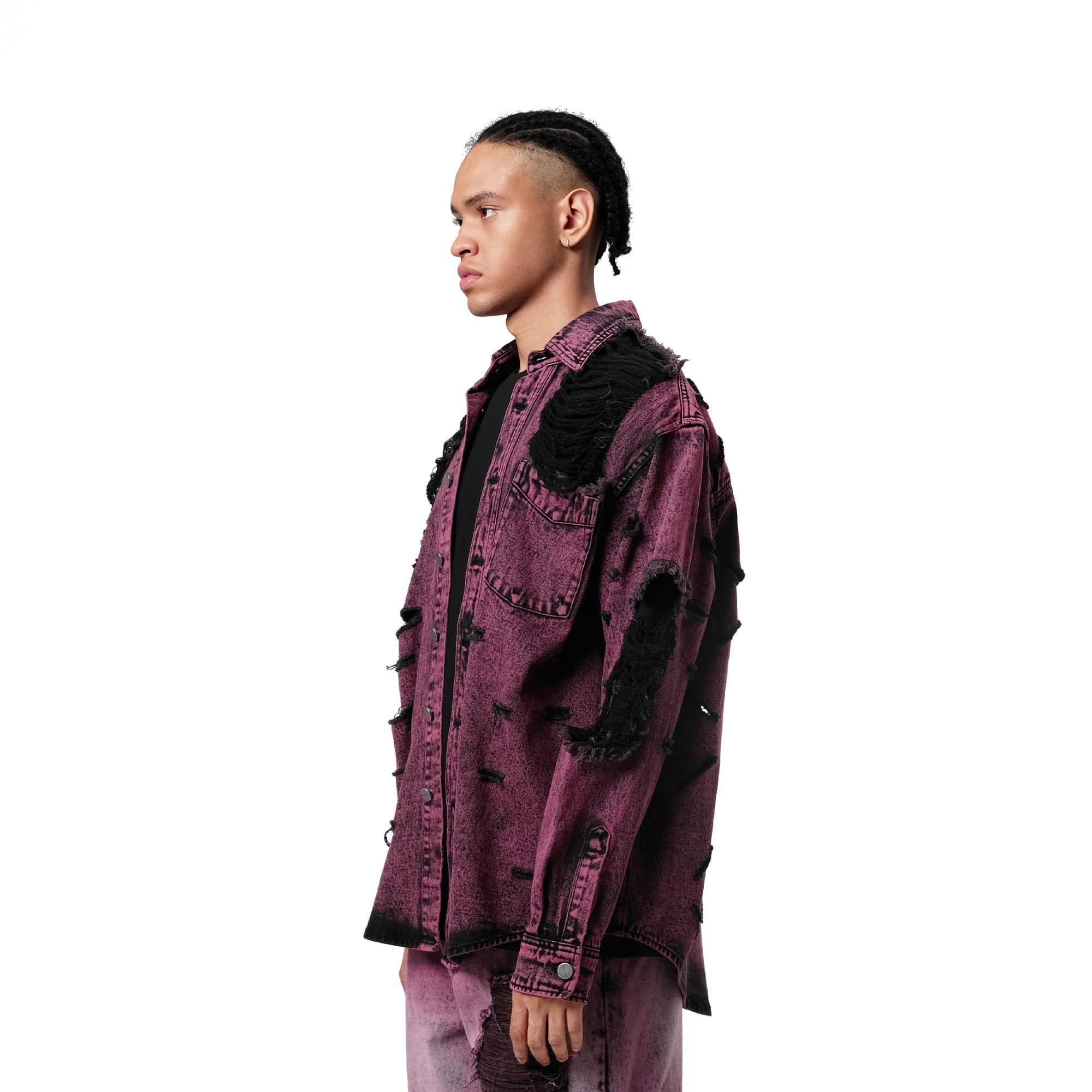 VANN VALRENCE Distressed Frayed Denim Shirt Jacket