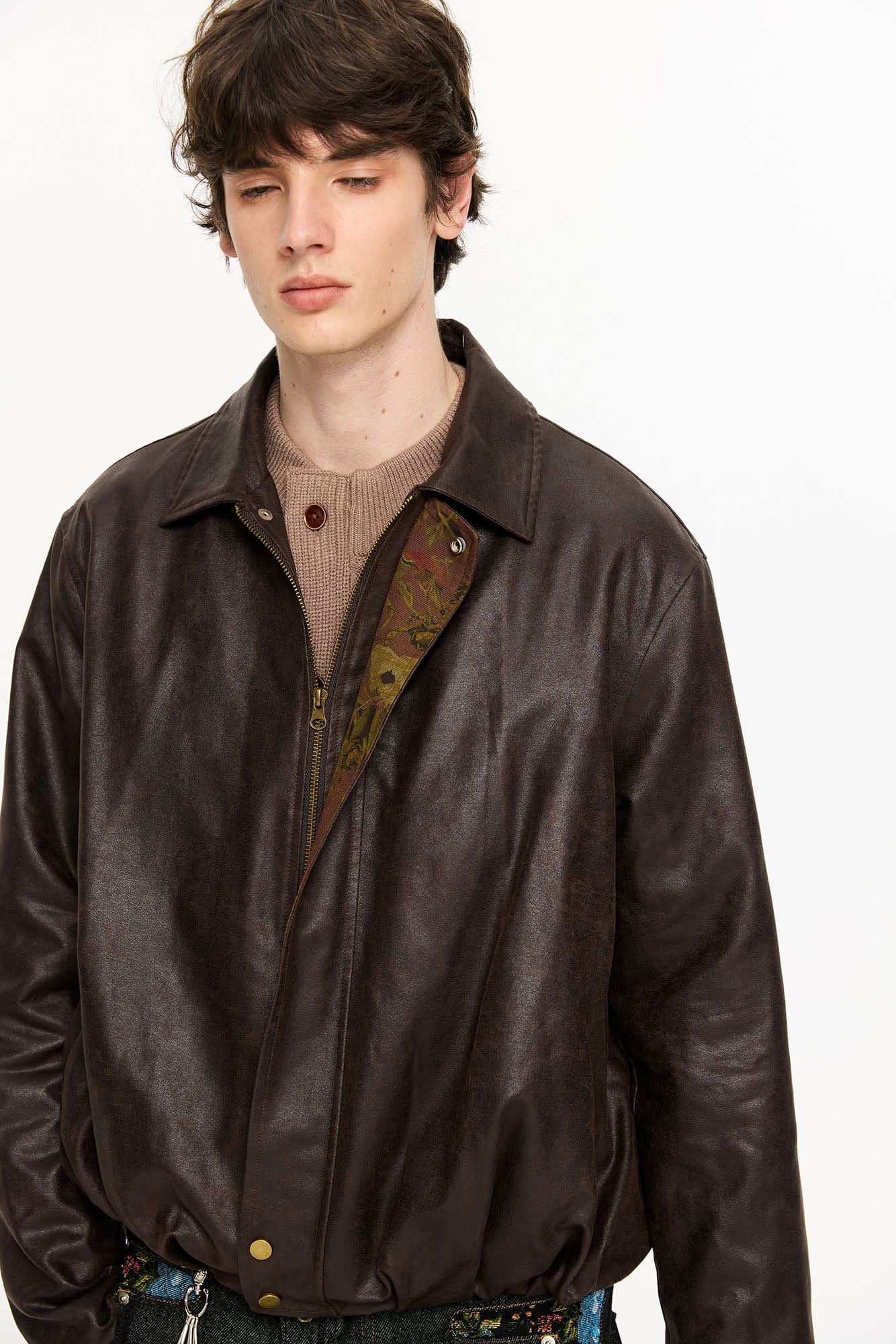 KREATE Floral-Lined Suede Bomber Jacket