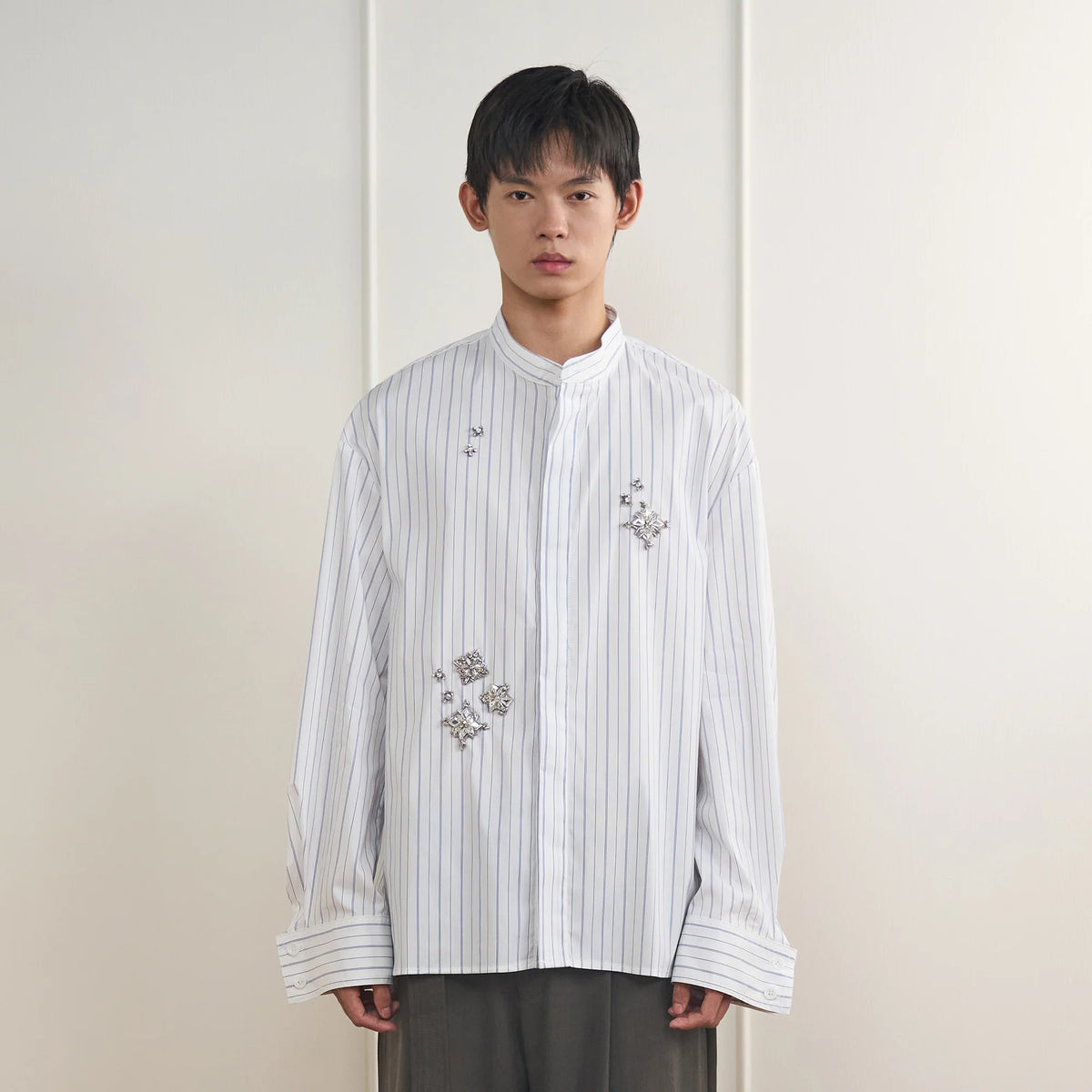 ORAL UTOPIA Silver Embellished Striped Mandarin Collar Shirt
