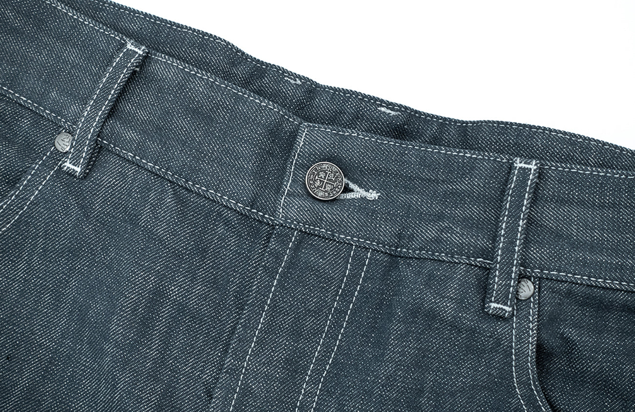 IN EXISTENCE Stitched Back-Belt Curved-Leg Jeans