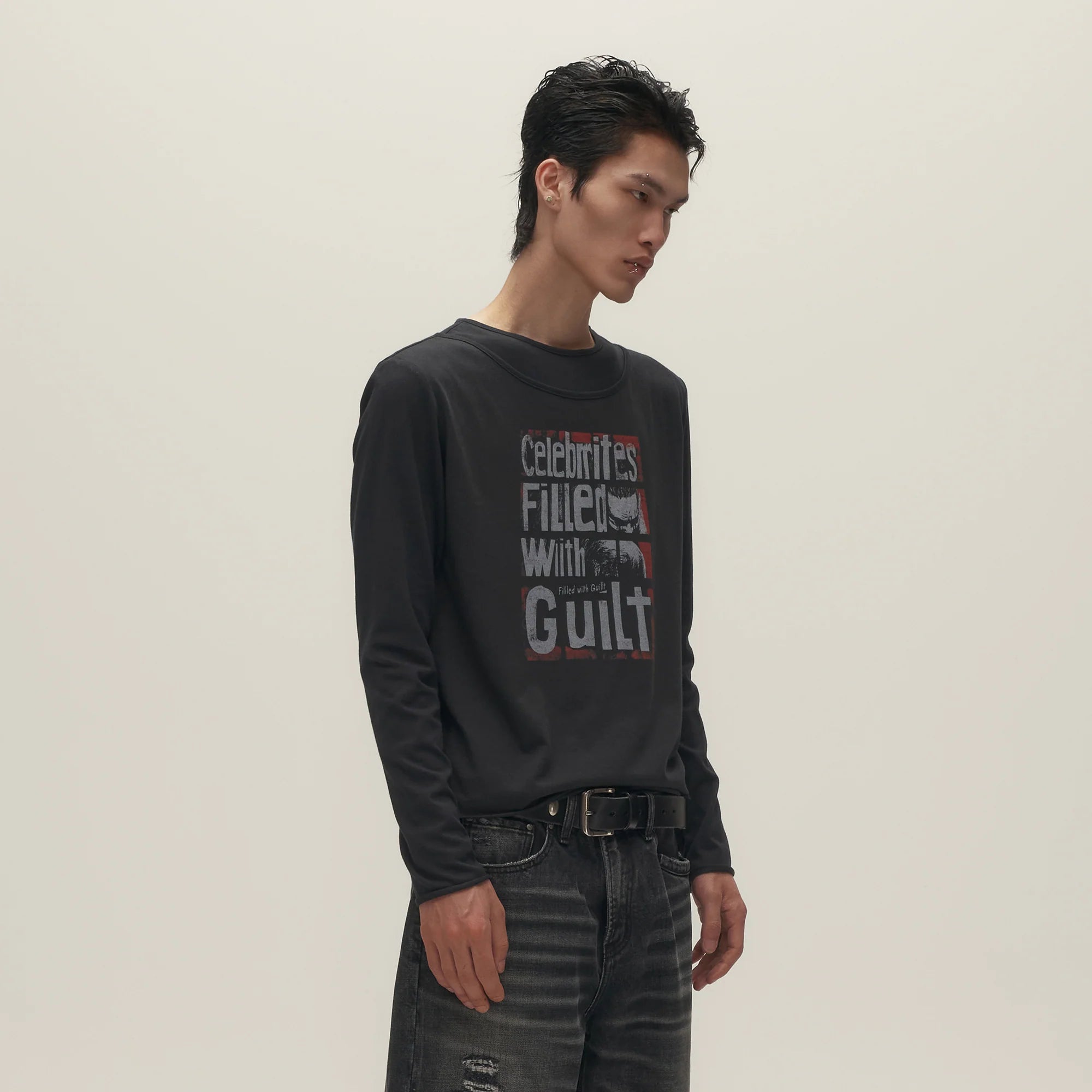 SAVAGEGROWTHWORLD Graphic Double-Layer Neckline Long-Sleeve Tee