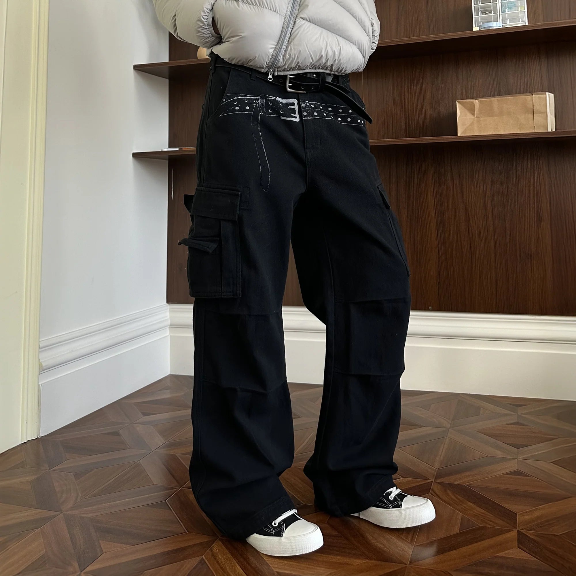 KREATE Washed Belt Graphic Crinkled Cargo Pants