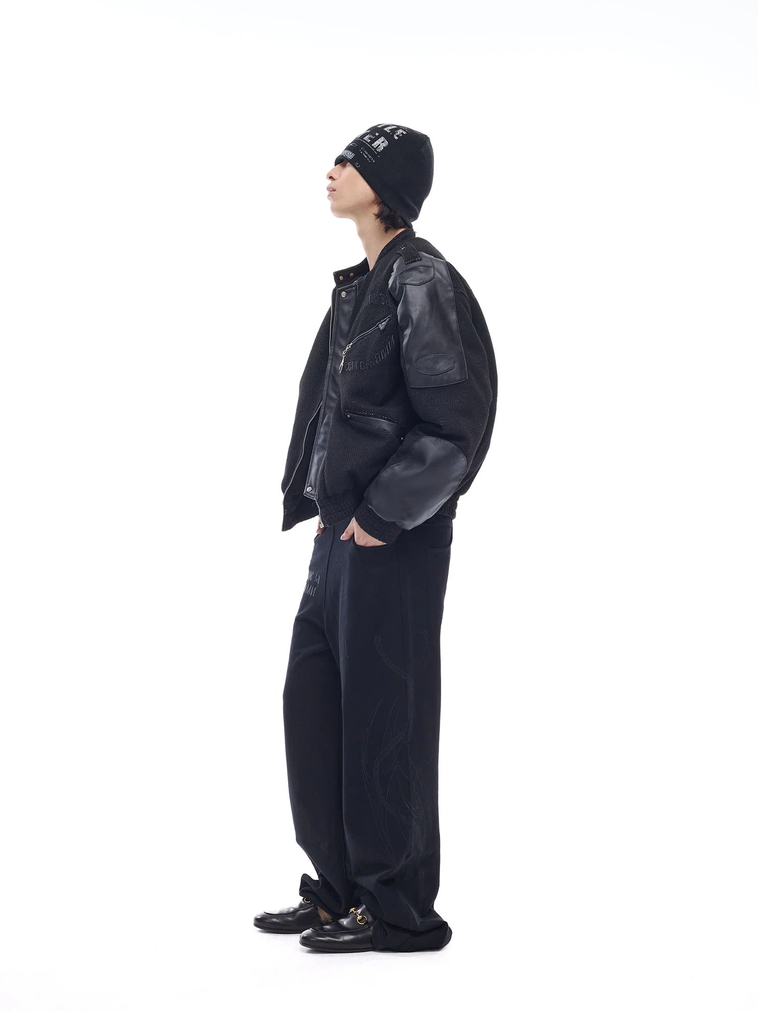 WHISTLEHUNTER Faux Leather-Panel Utility Bomber Jacket