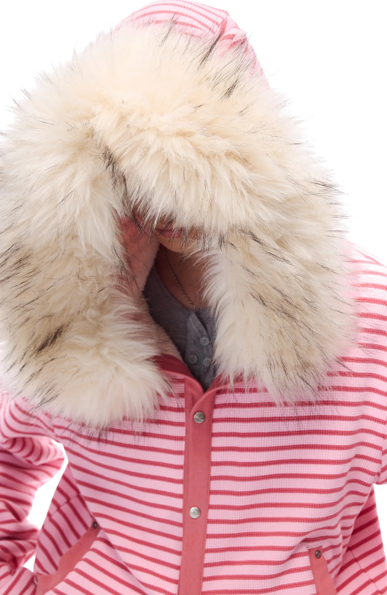 WHISTLEHUNTER Striped Detachable-Fur Hooded Jacket
