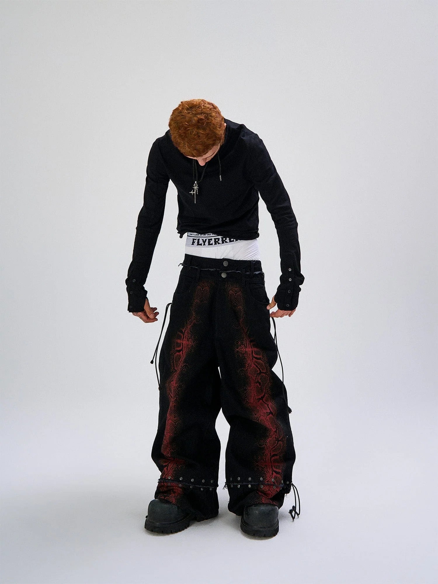 FLYERRER Washed Contrast Snakeskin Drawcord Wide-Leg Jeans