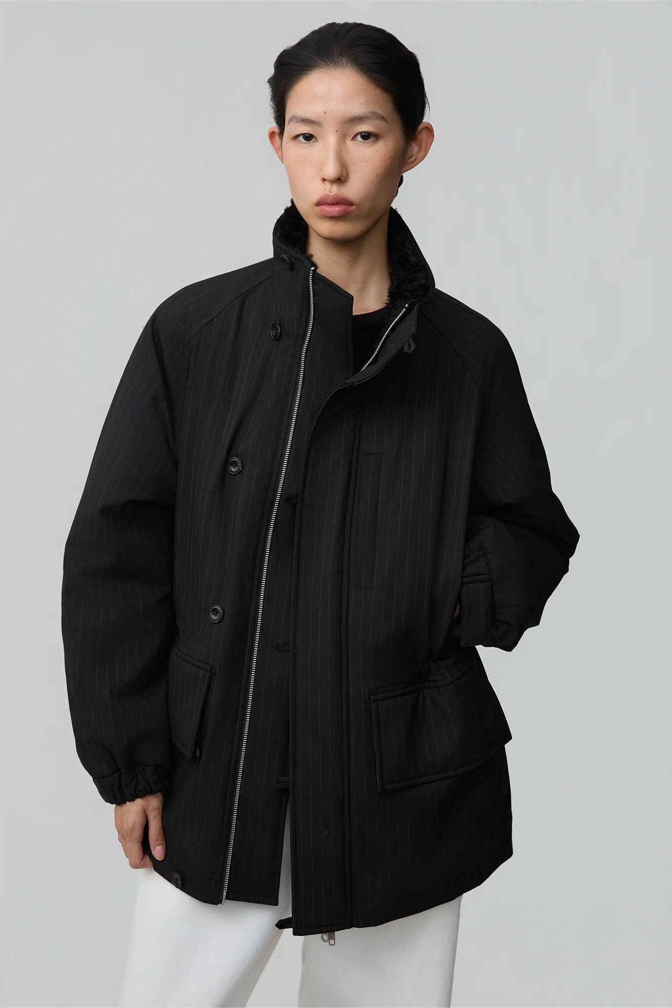 OPICLOTH Pinstriped Faux Fur-Lined Drawstring Jacket