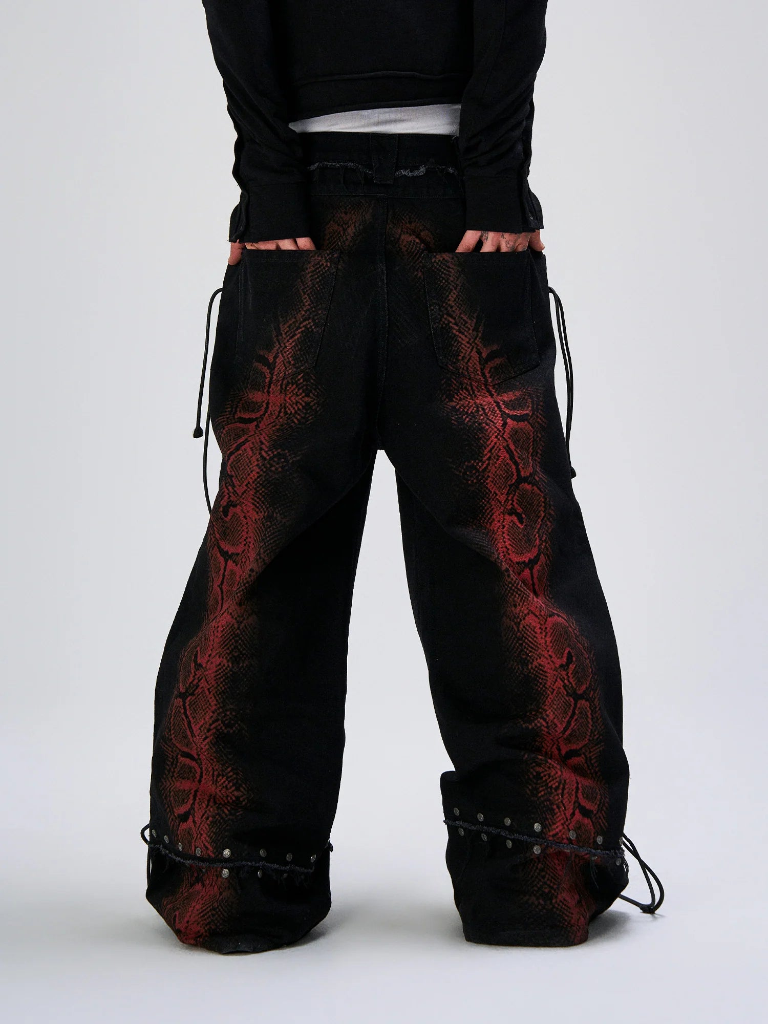 FLYERRER Washed Contrast Snakeskin Drawcord Wide-Leg Jeans