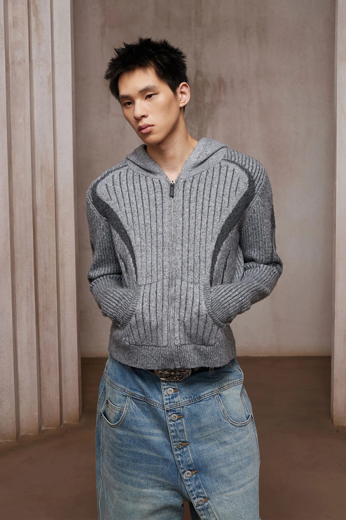 DND4DES Contrast Wool-Blend Hooded Zip Cardigan