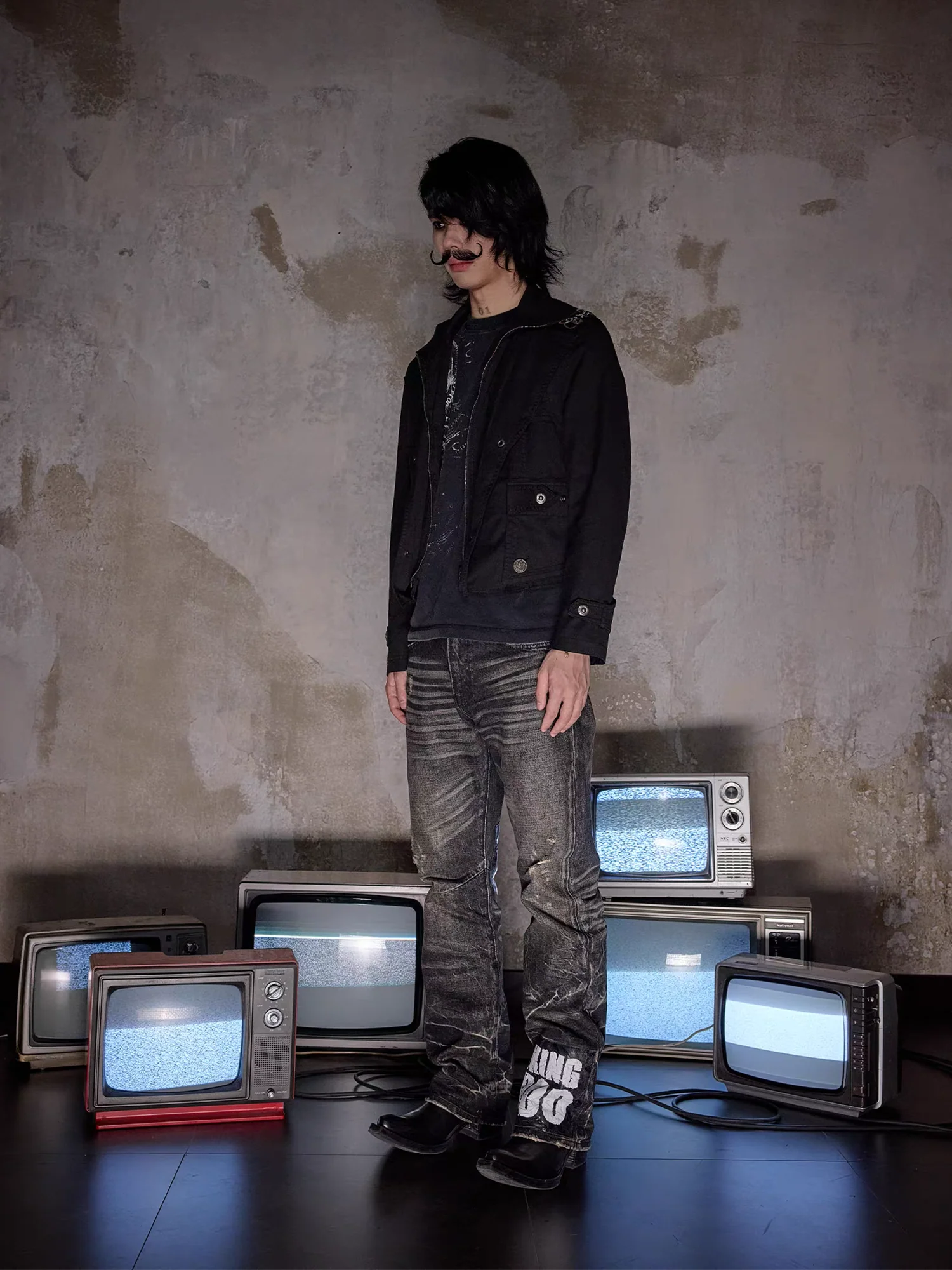 NOTHINGNESS WORLD Distressed Ripple-Wash Graphic Denim Pants