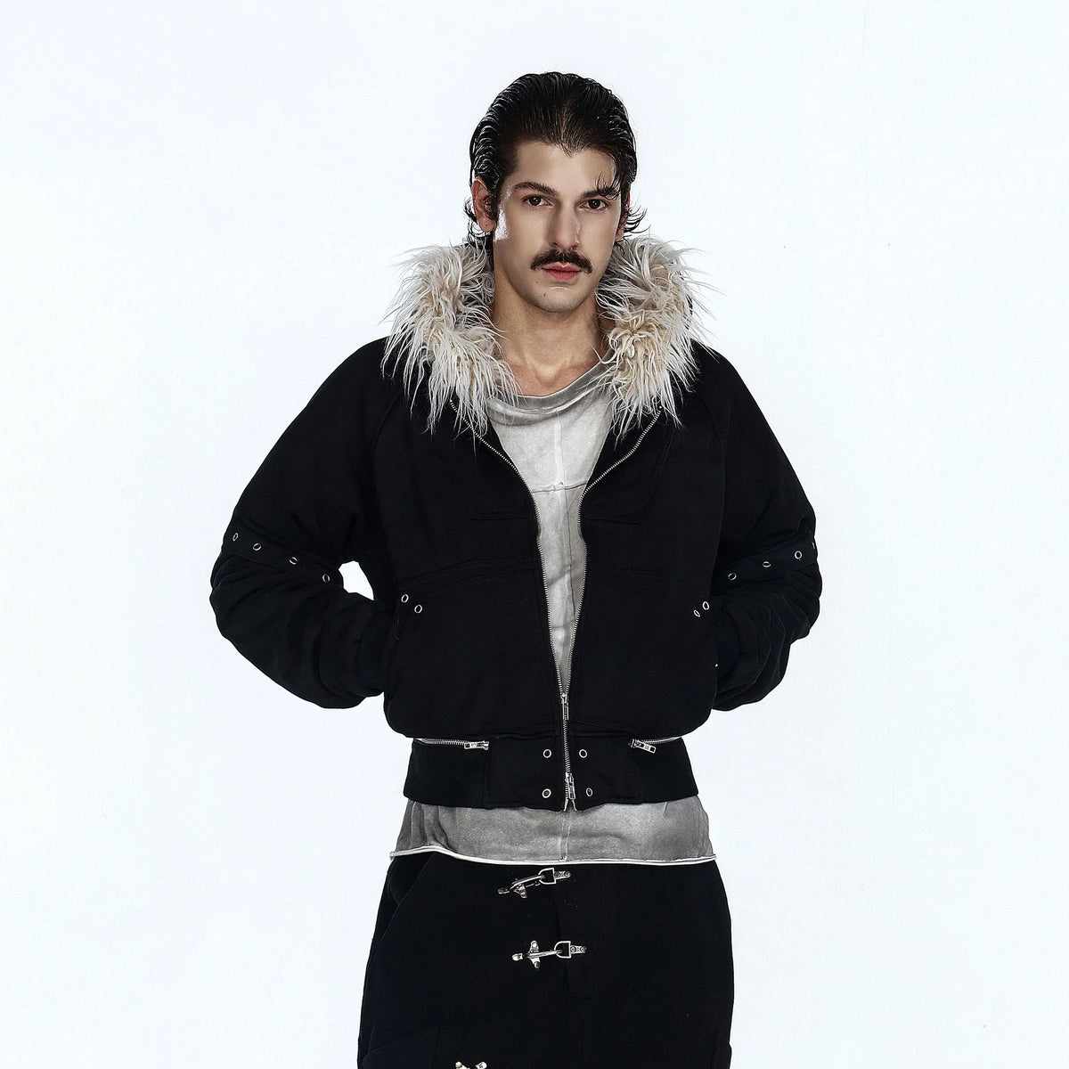 FLYERRER Detachable Faux-Fur Trim Cropped Jacket