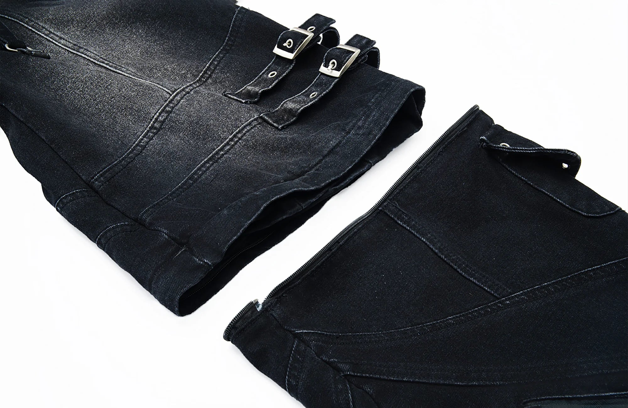 MOGONGSHE Detachable Drape-Strap Washed Jeans