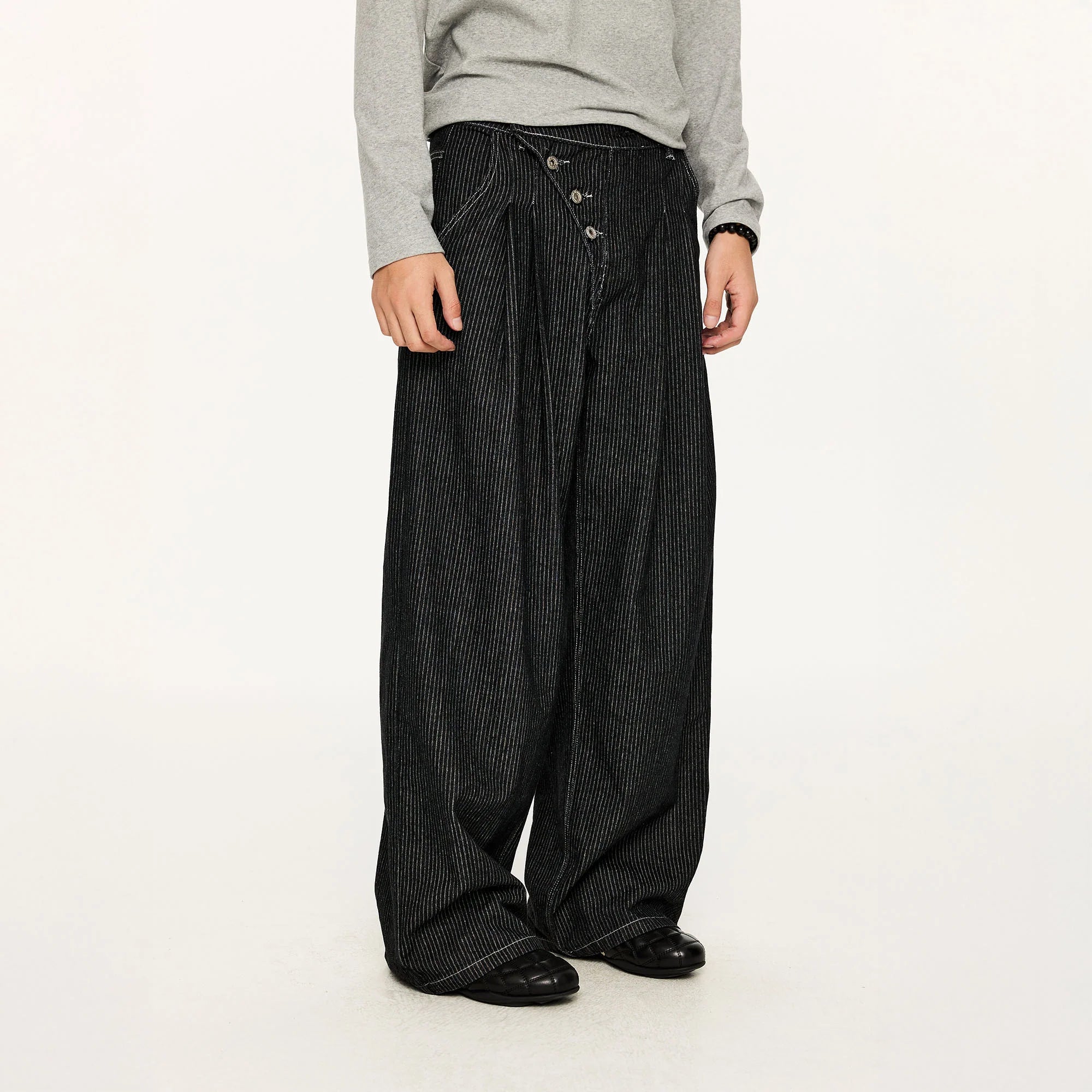 KREATE Asymmetric Button-Up Pleated Jeans