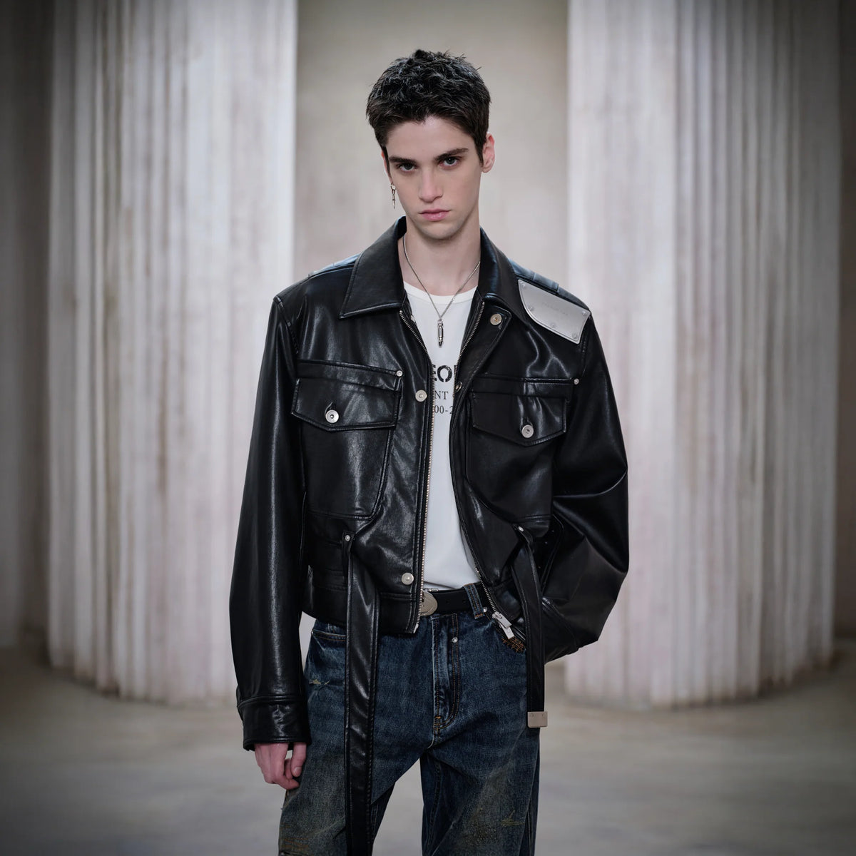 FACEONLAB Metal Epaulettes Belted Faux Leather Jacket Black
