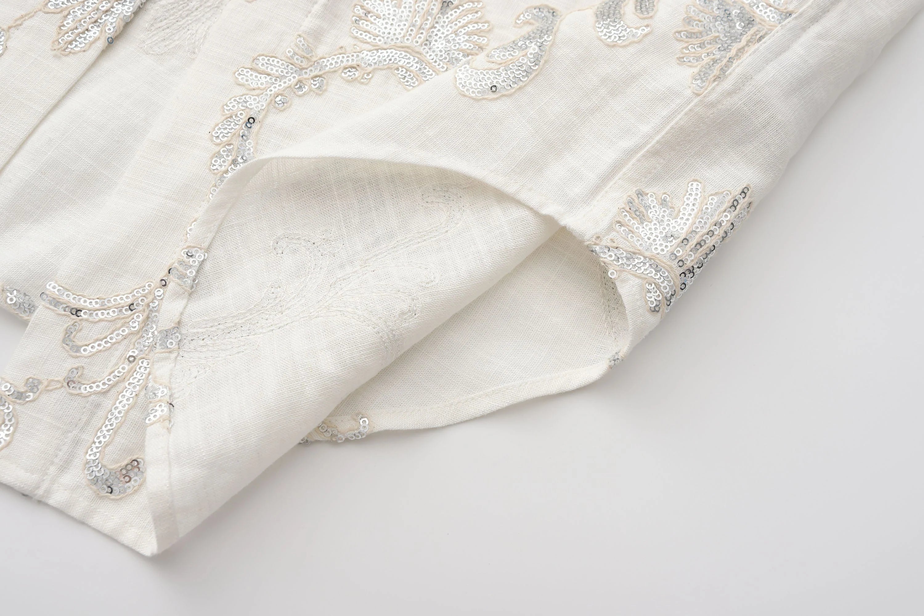 ORAL UTOPIA Ornate Sequin Embroidered Linen-Blended Tie Shirt