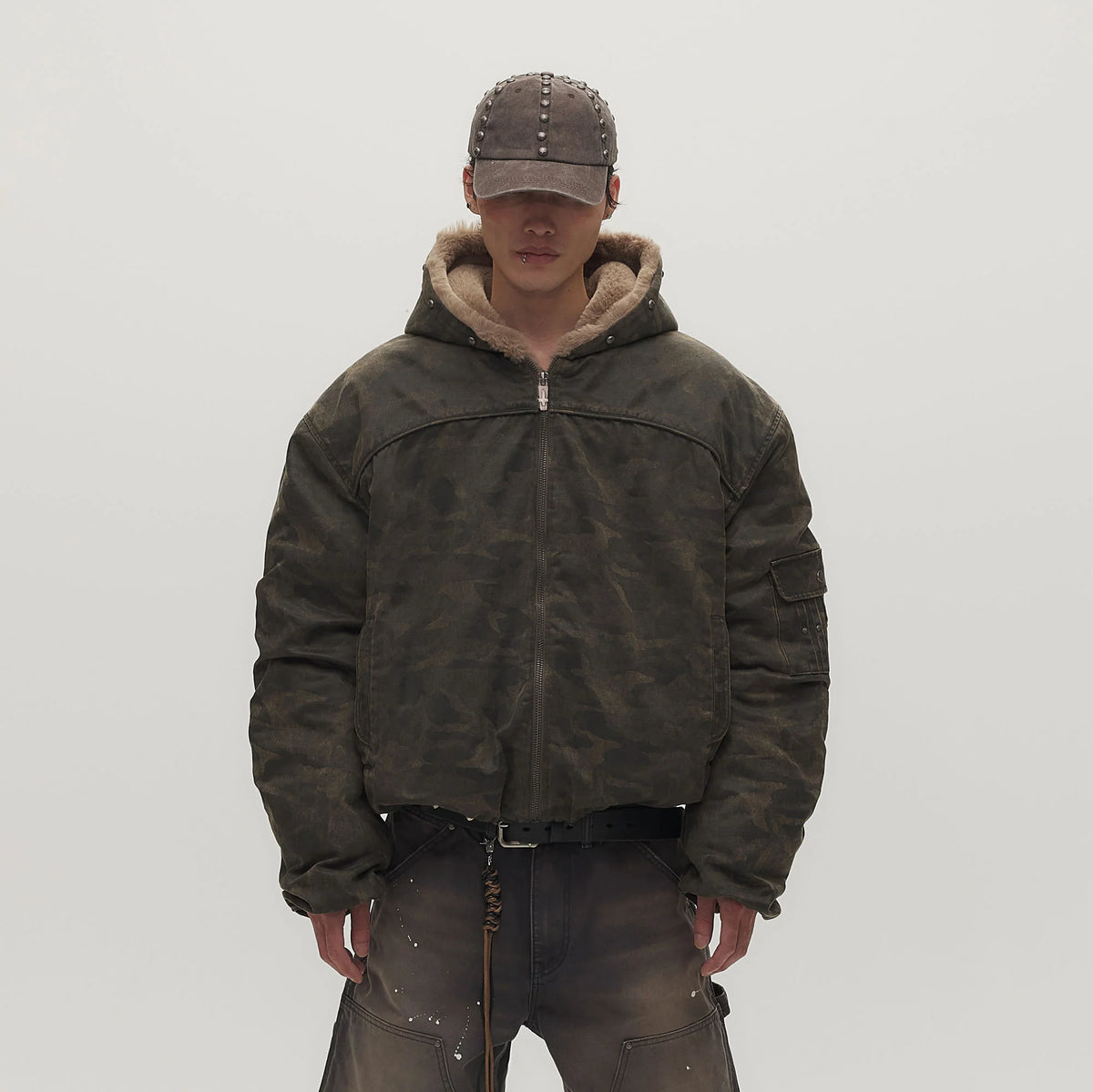 SAVAGEGROWTHWORLD Camo Faux Fur Lining Bomber Jacket