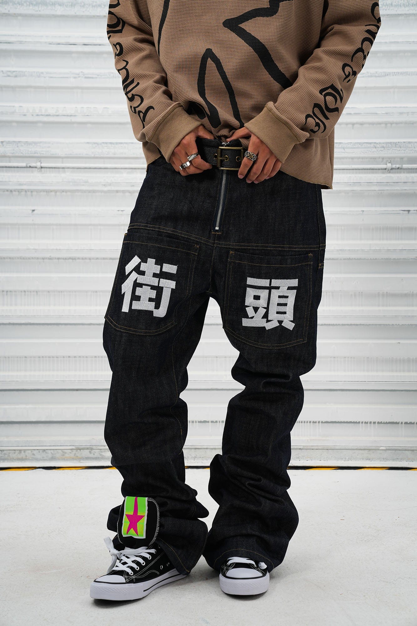 VINKID Street Kanji Graphic Panel Raw Jeans