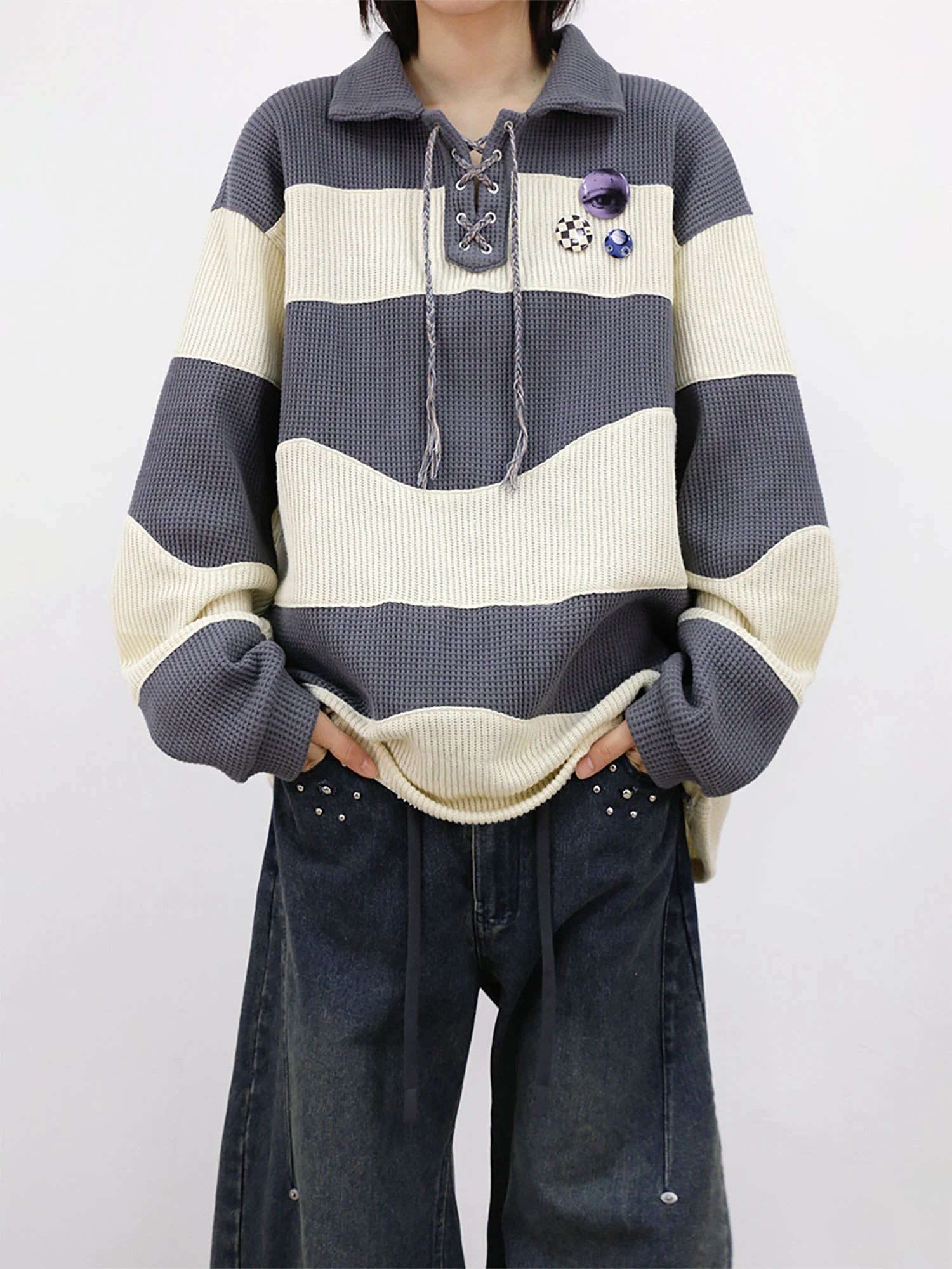RELABEL Waffle-Knit Stripe Lace-Up Sweatshirt