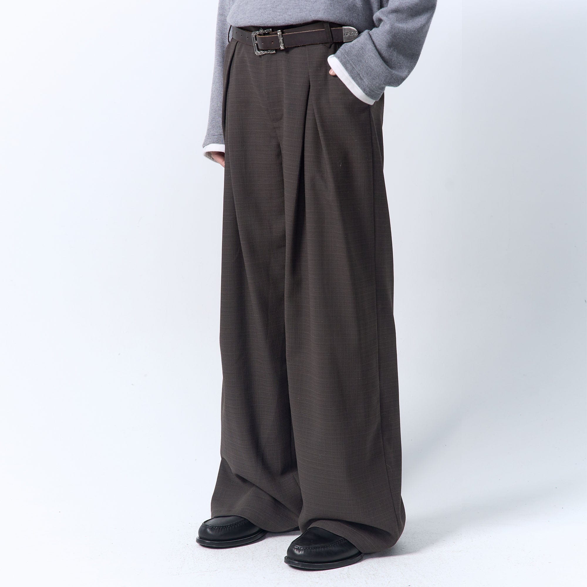 IN EXISTENCE Inverted Pleats Mini Check Wide-Leg Trousers
