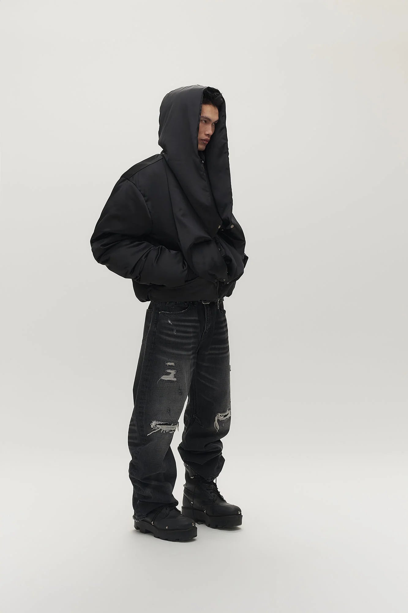 SAVAGEGROWTHWORLD Detachable Hood Satin Oversized Bomber Jacket