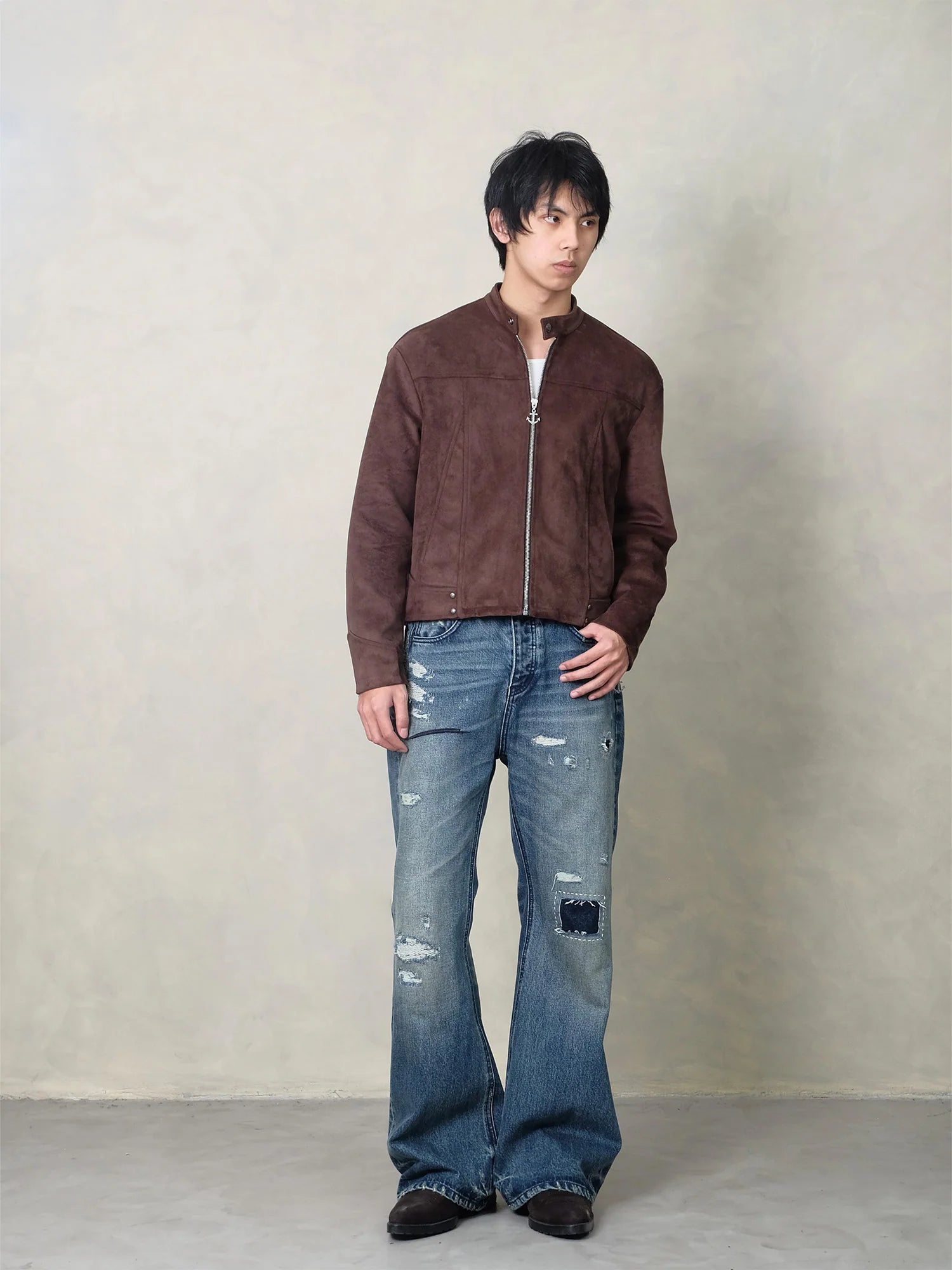 IN EXISTENCE Paneled Faux Suede Rivet Biker Jacket