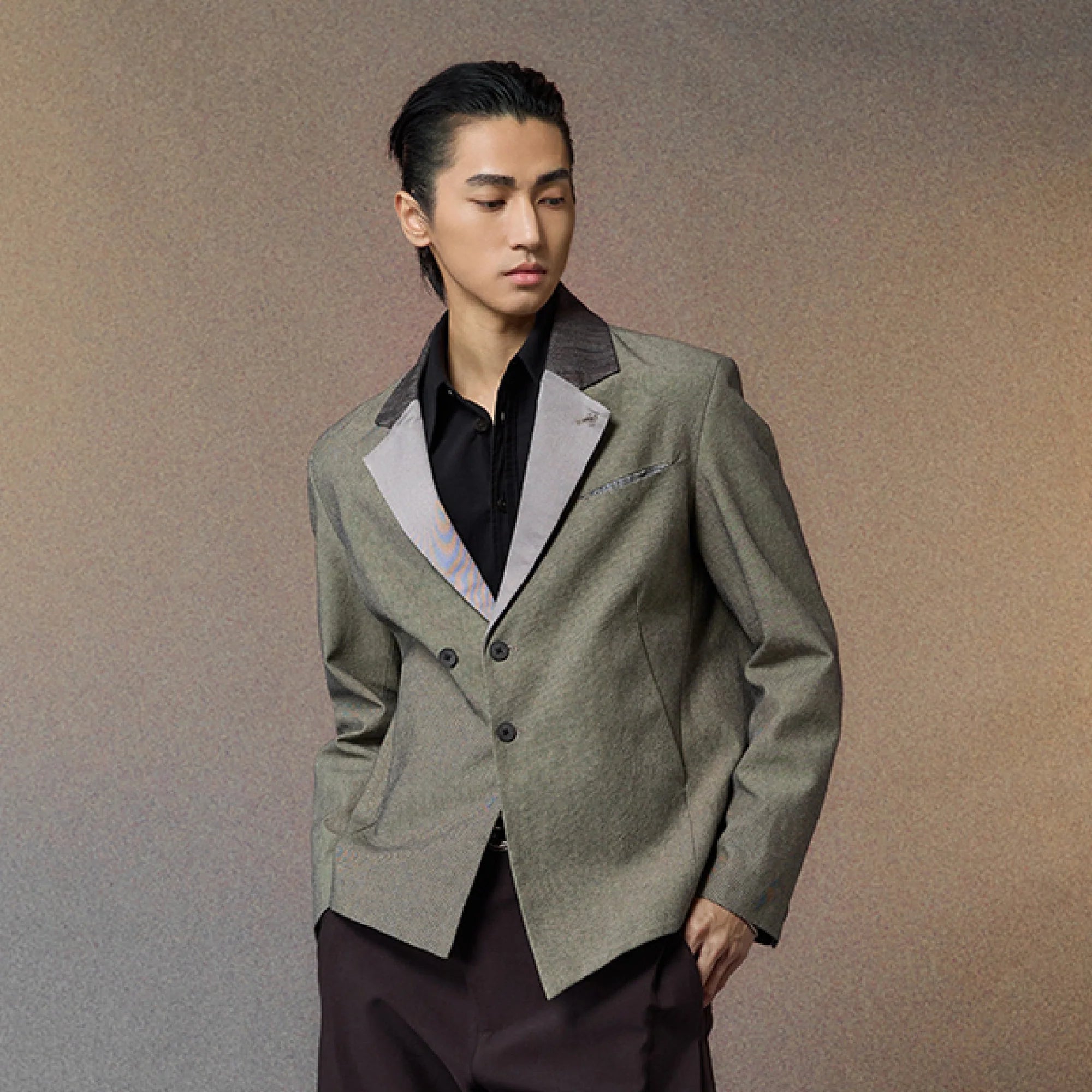 ALVNG AR ANTS Spliced Dual-Collar Linen-Blend Blazer