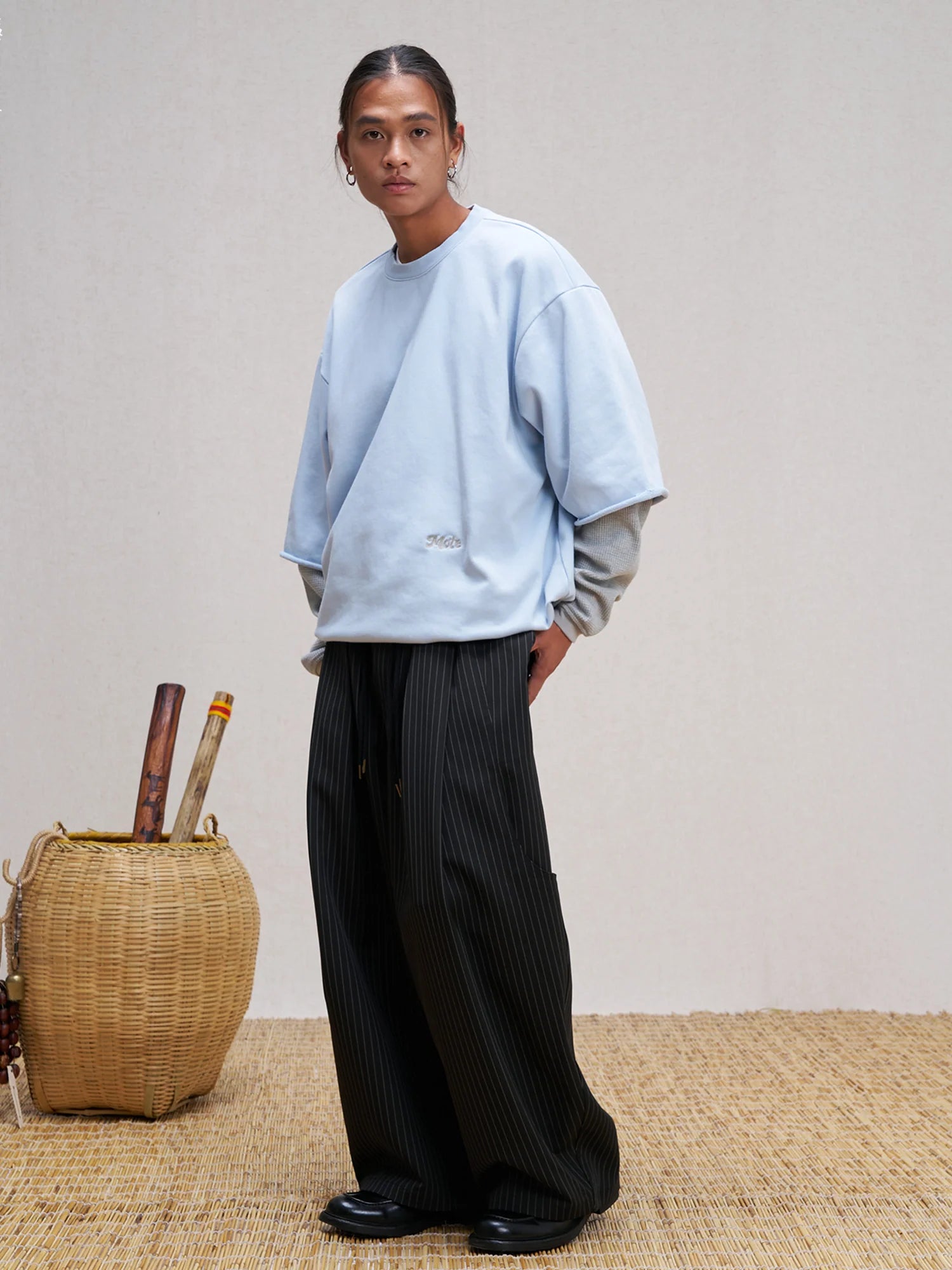 UNLIMITED MOTE Waffle Sleeve Layered Drawstring Hem Sweatshirt