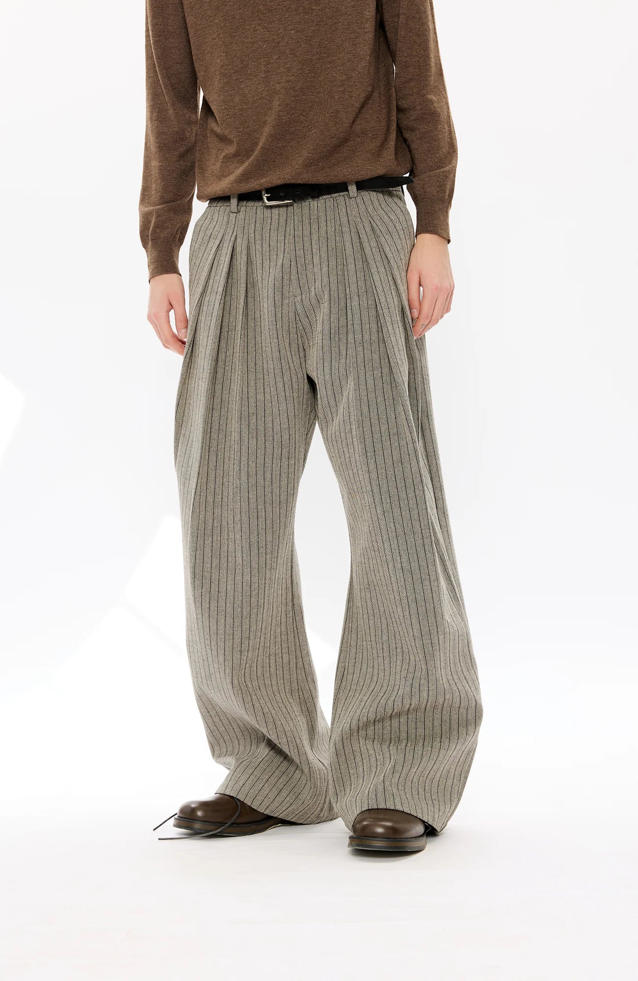 KREATE Pinstripe Pleated Draped Wide Trousers