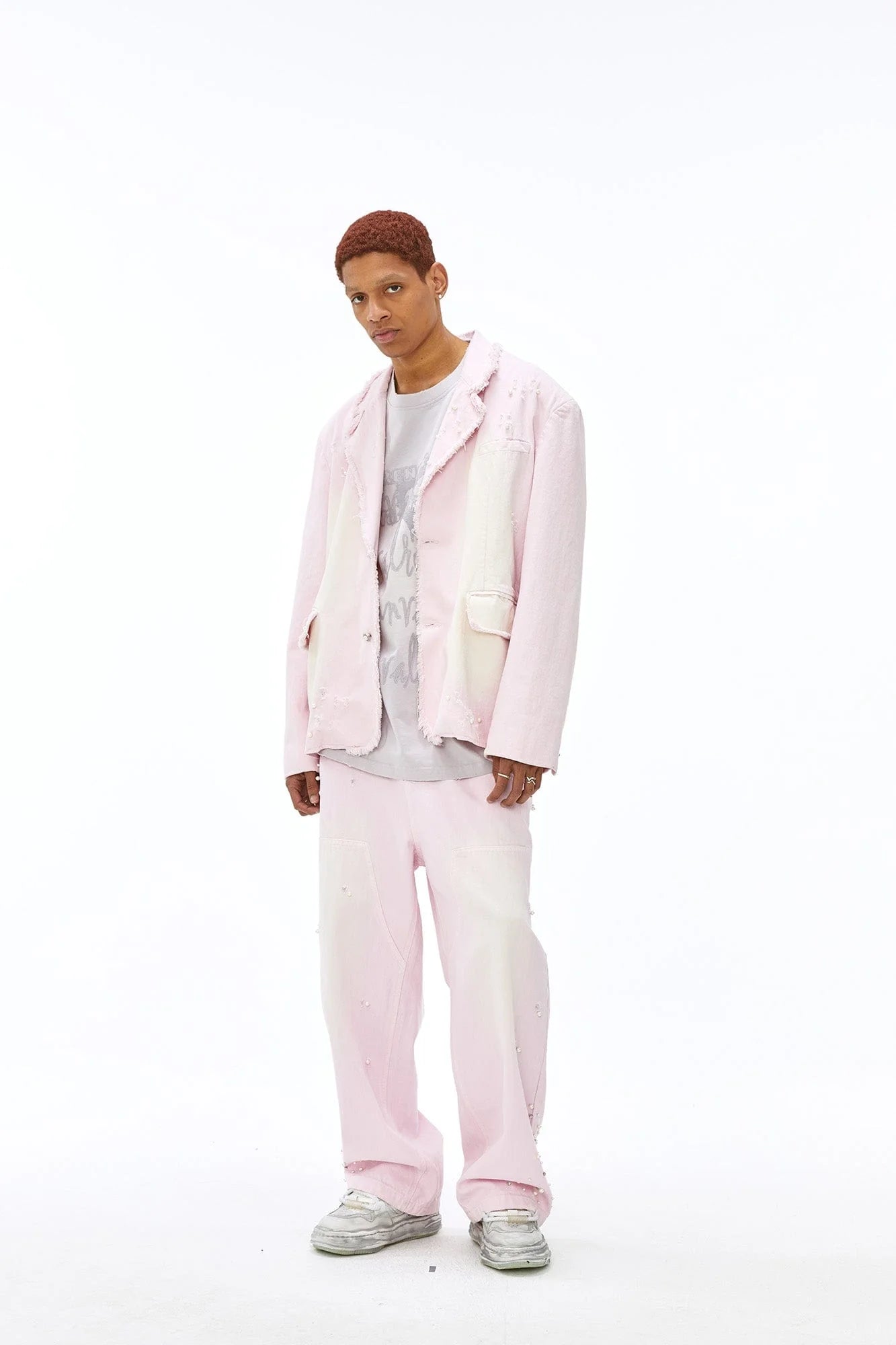 VANN VALRENCE Washed Beaded Frayed Denim Jacket