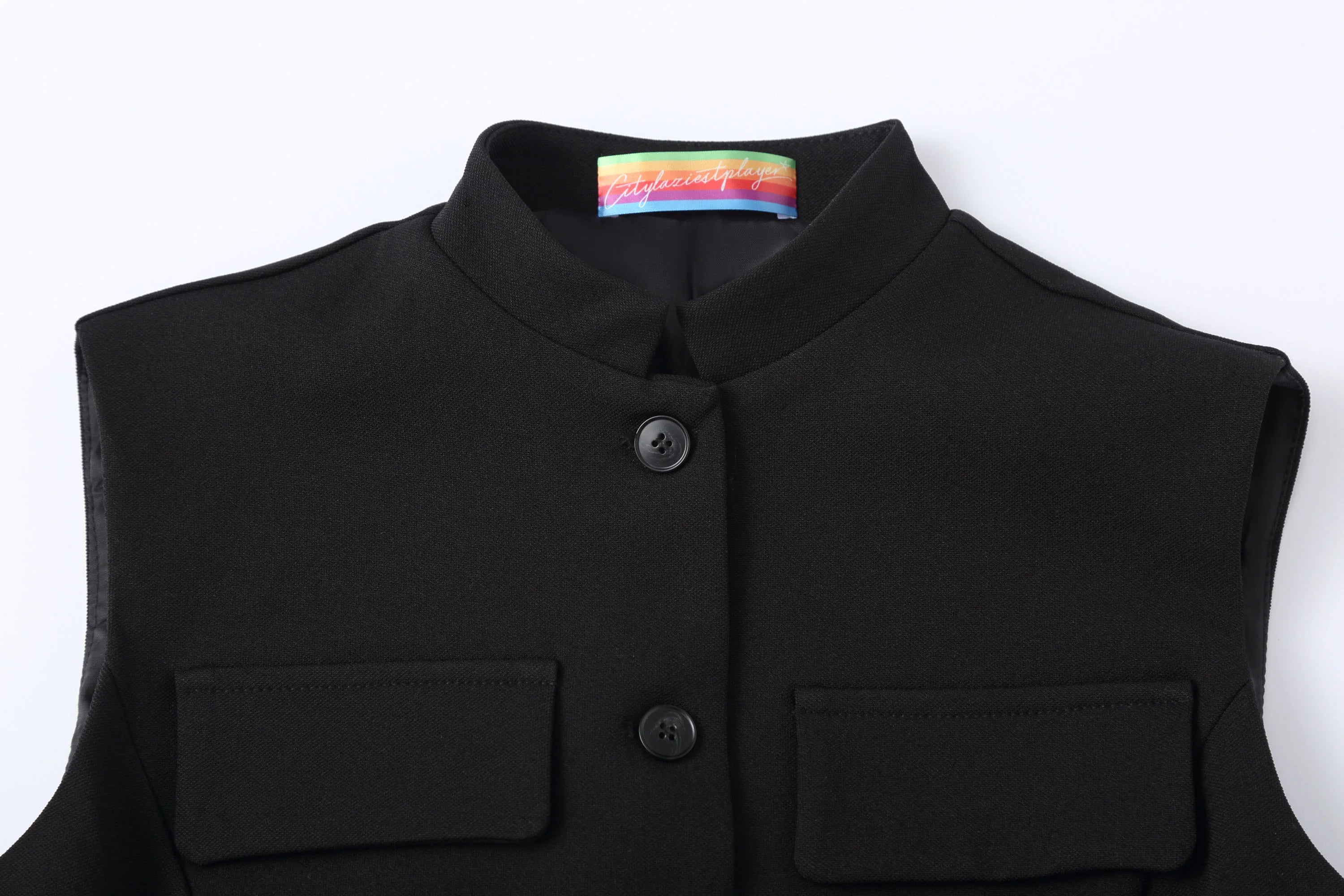 CLP Mandarin-Collar Curved-Placket Button Vest