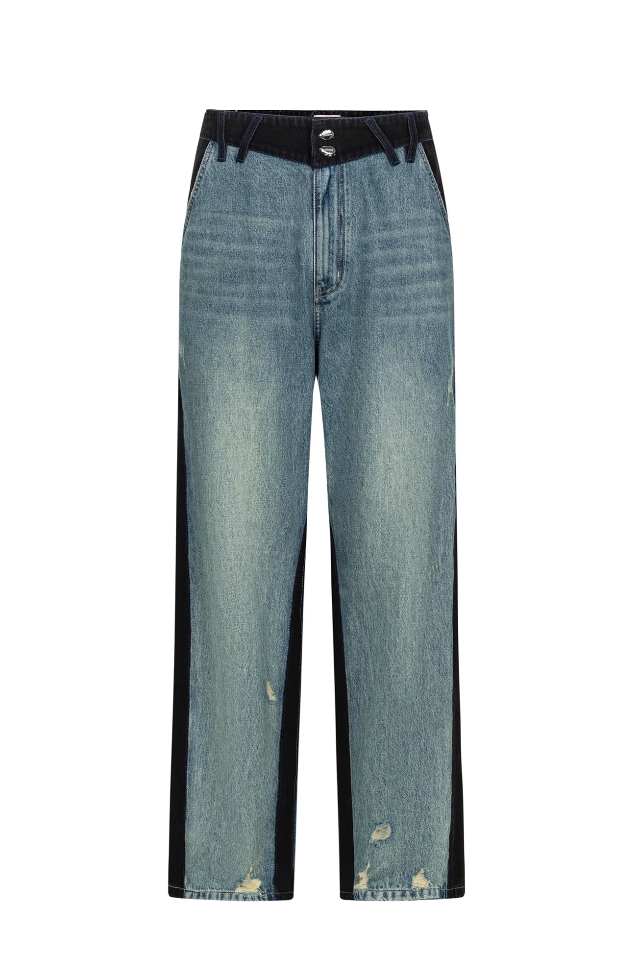 TIWILLTANG Distressed Contrast Paneled Wide-Leg Jeans