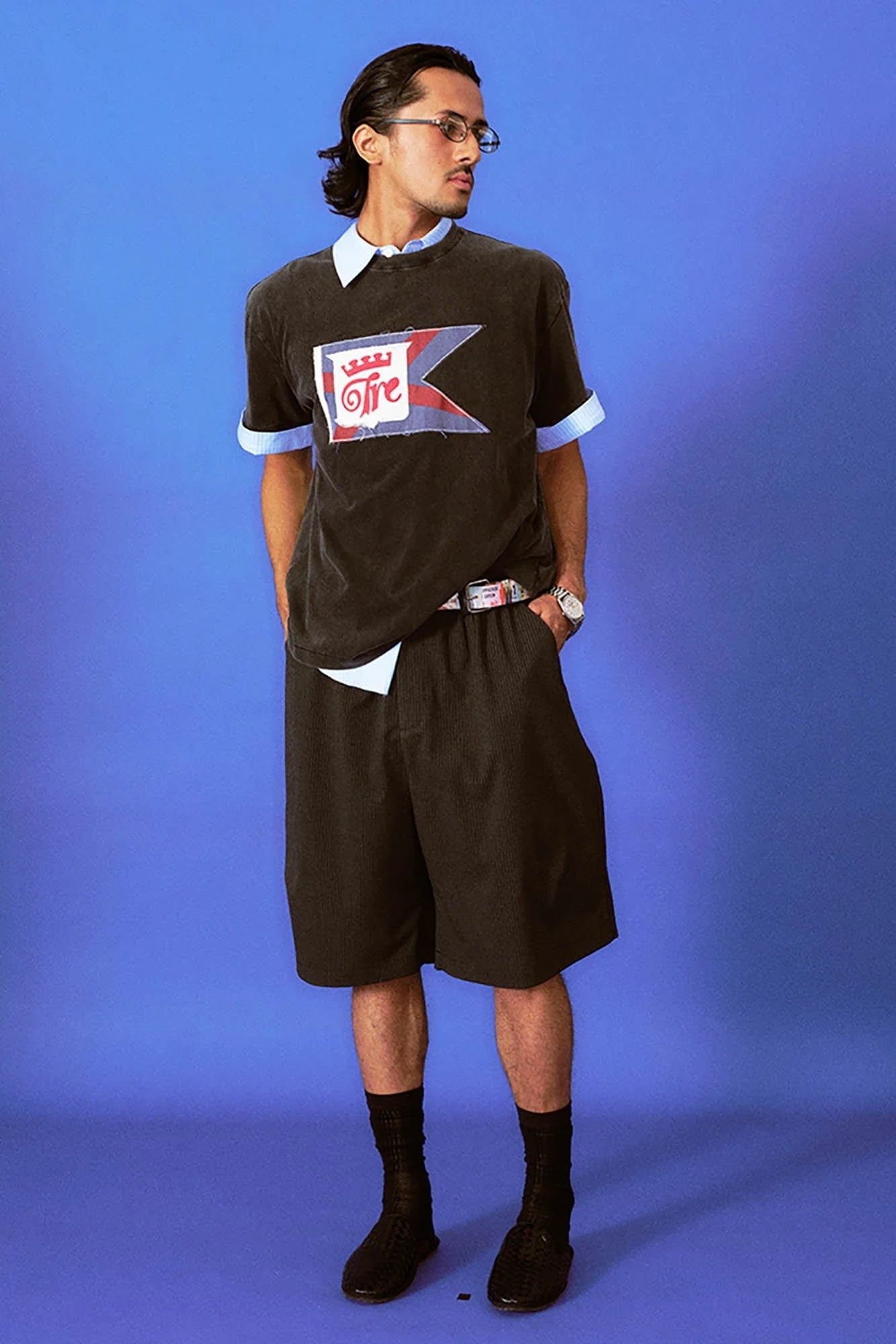 TRECLUB Frayed Patch Flag Washed T-Shirt