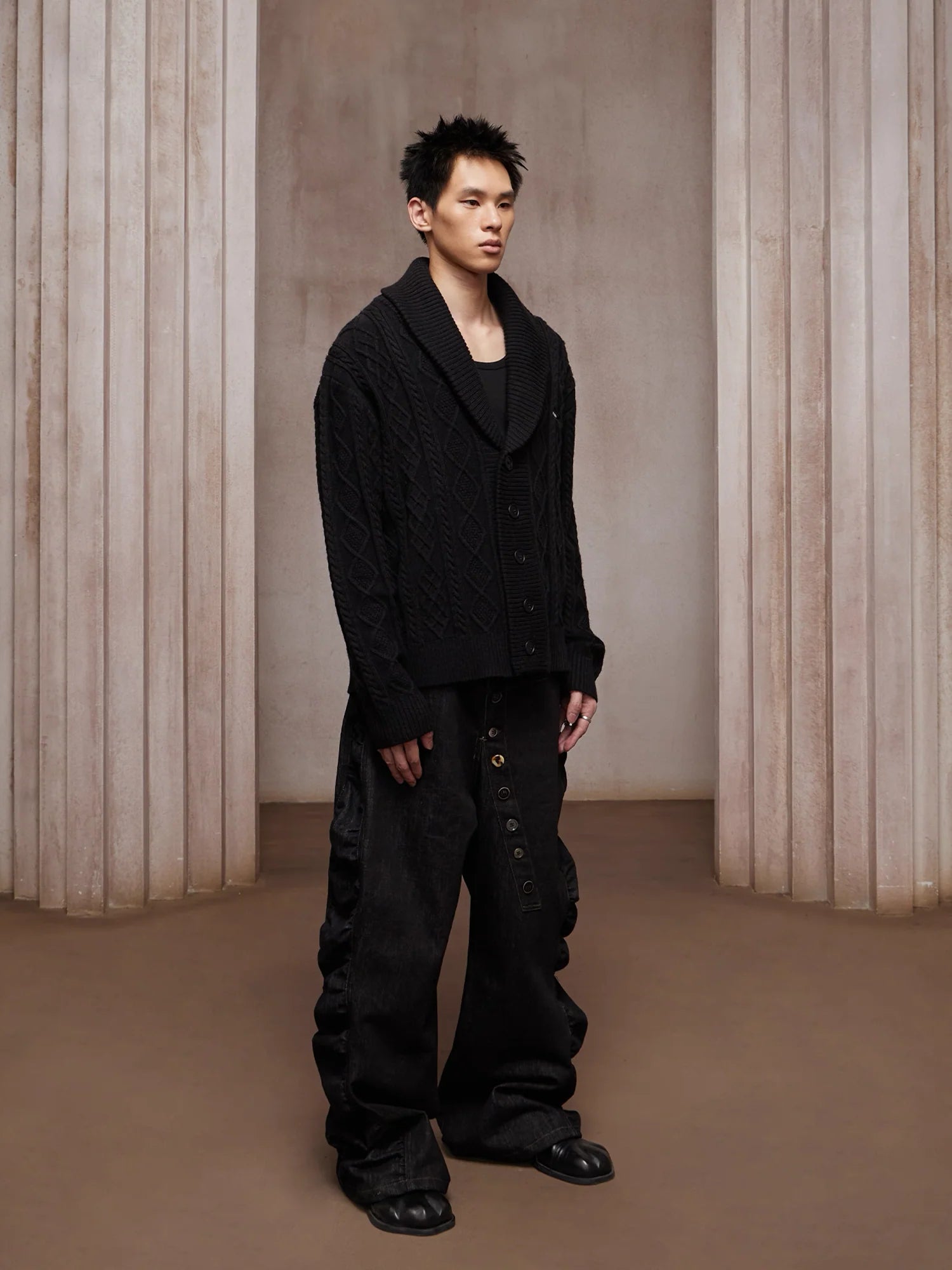 DND4DES Asym Button-Fly Ruched Baggy Jeans