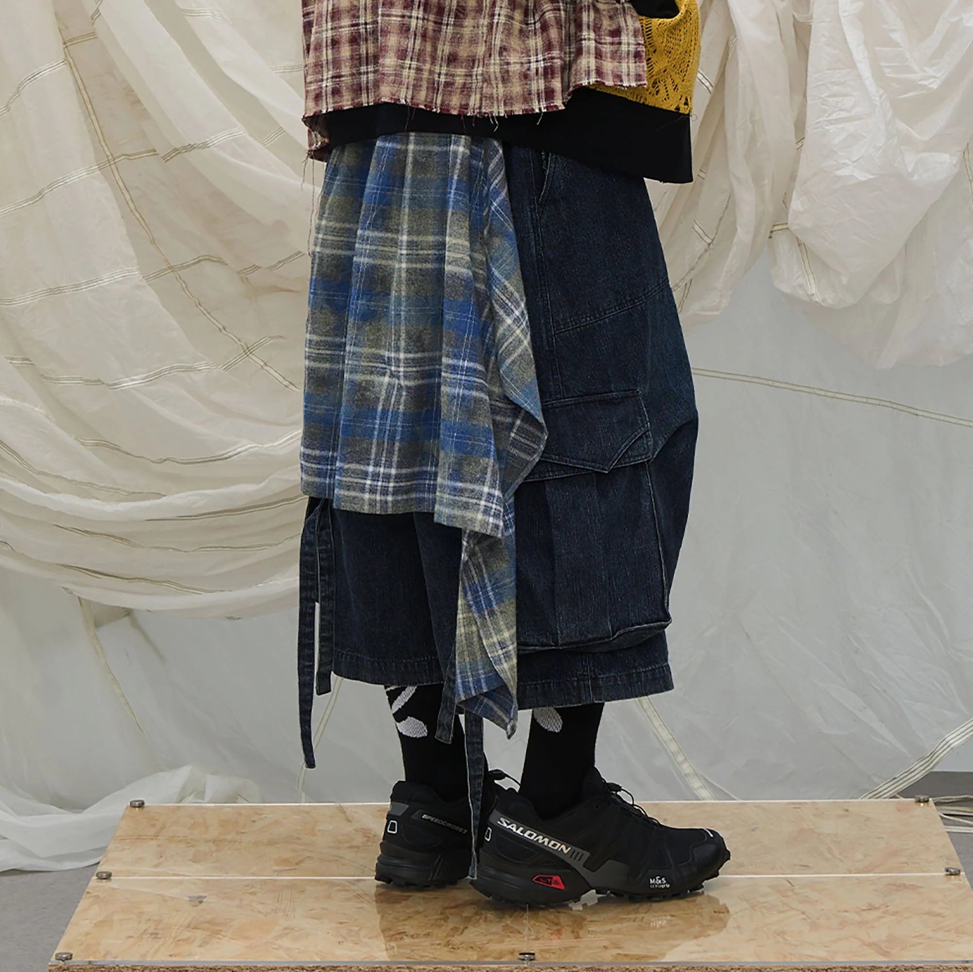 RELABEL Detachable Plaid Drape Denim Shorts