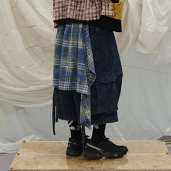 RELABEL Detachable Plaid Drape Denim Shorts
