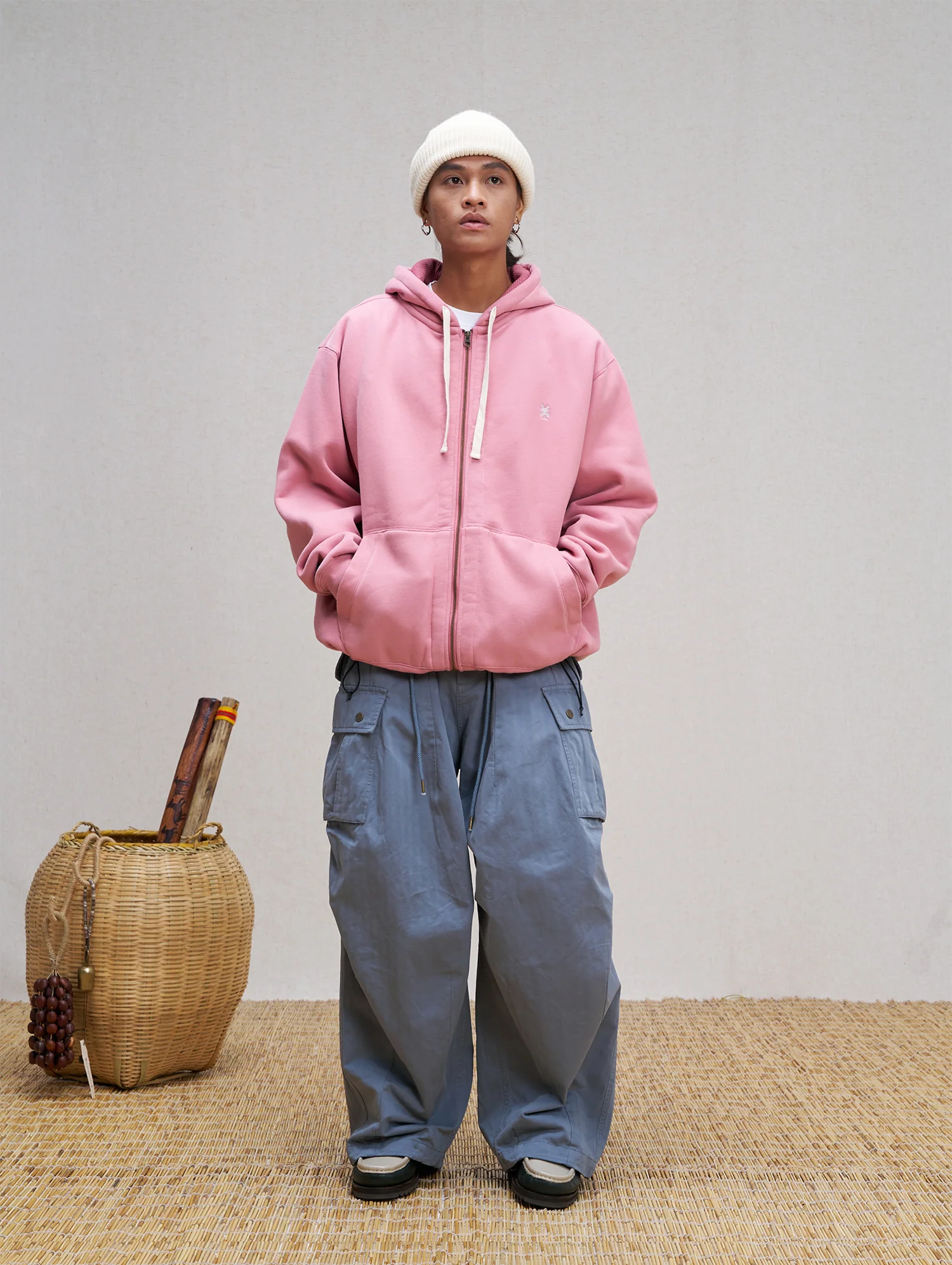 UNLIMITED MOTE Embroidered Waffle Lining Drawstring Hood Jacket