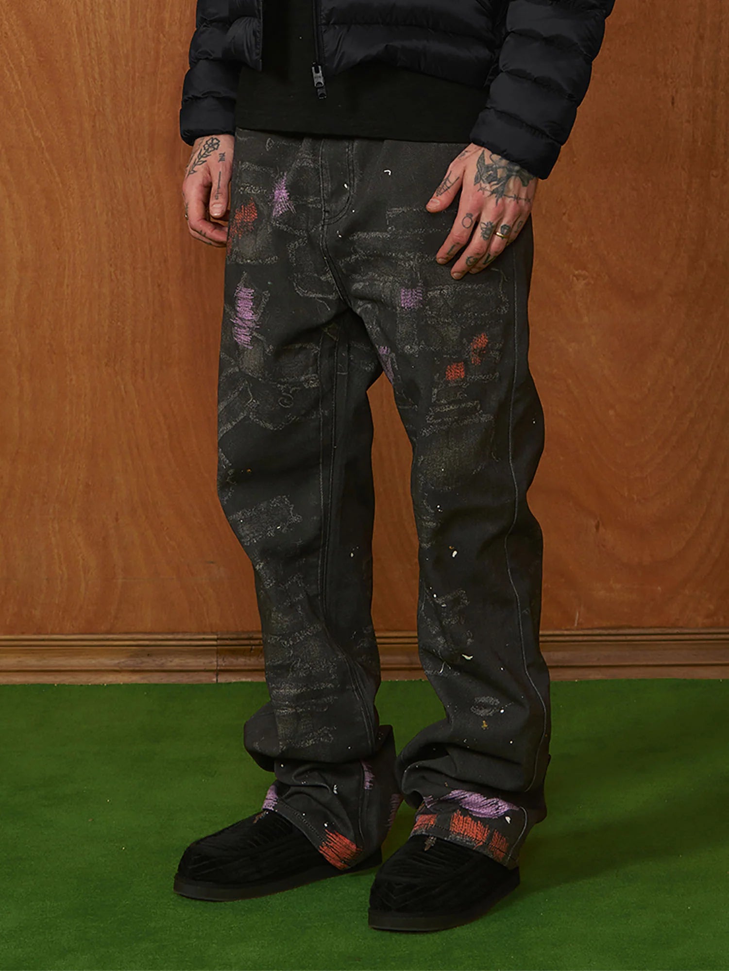 PMW Distressed Brush-Paint Straight-Leg Jeans