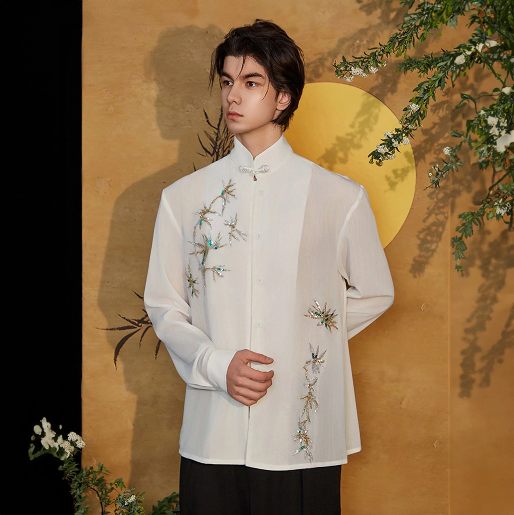 JIECHI Embroidered Bamboo Sheer Flowing Shirt