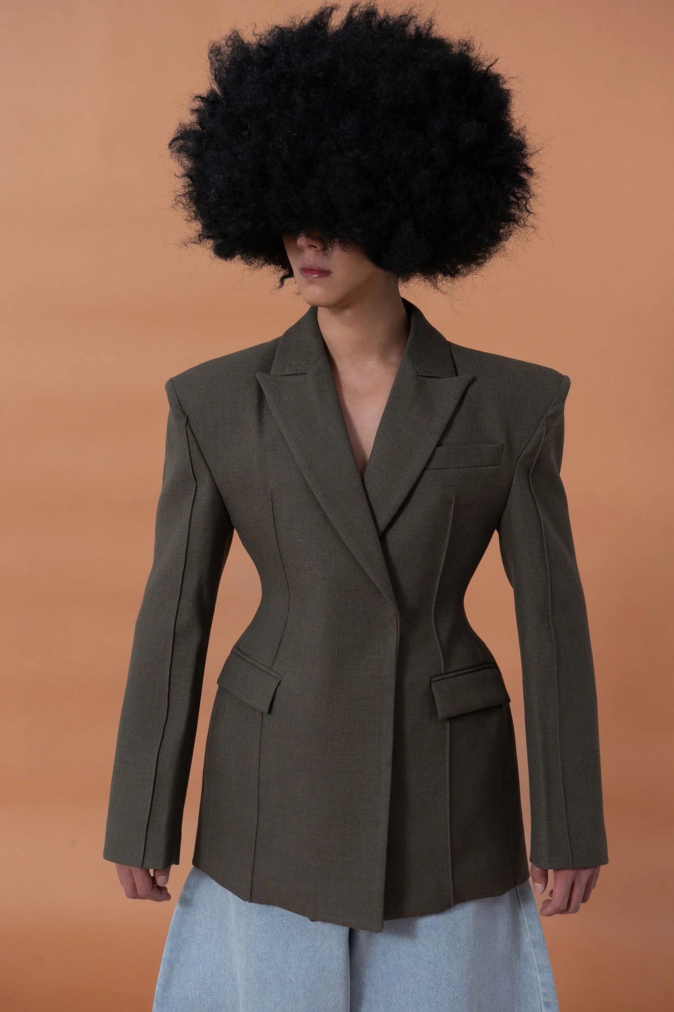 CLP Cinched-Waist Padded Shoulder Blazer Brown