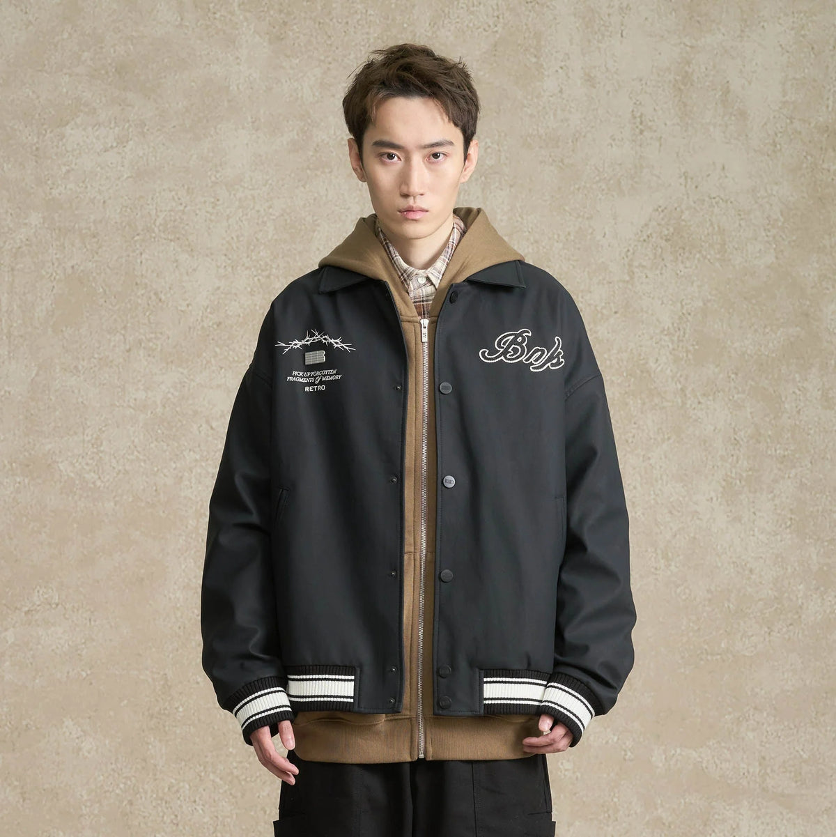 BONELESS Embroidered Logo PU Varsity Jacket
